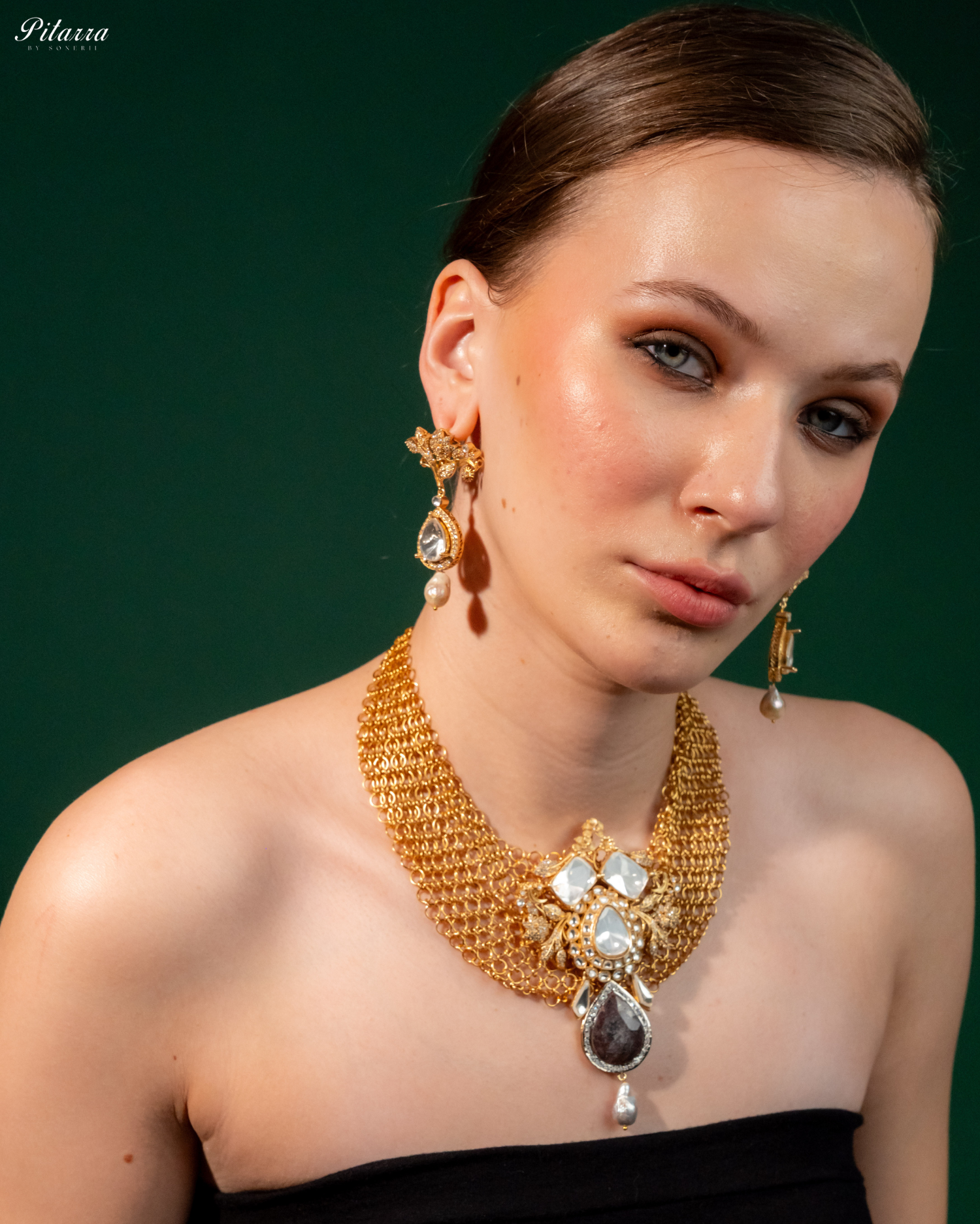 Antique Finish Brown Crystal Stone Kundan Set