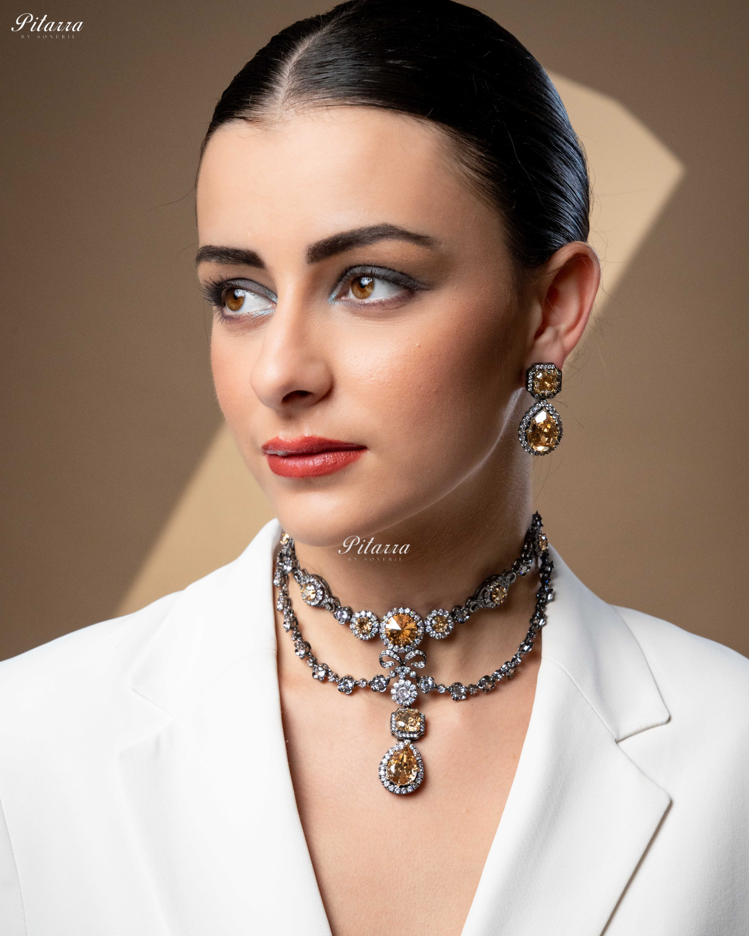 Yellow Two Layer Silver CZ Necklace Set