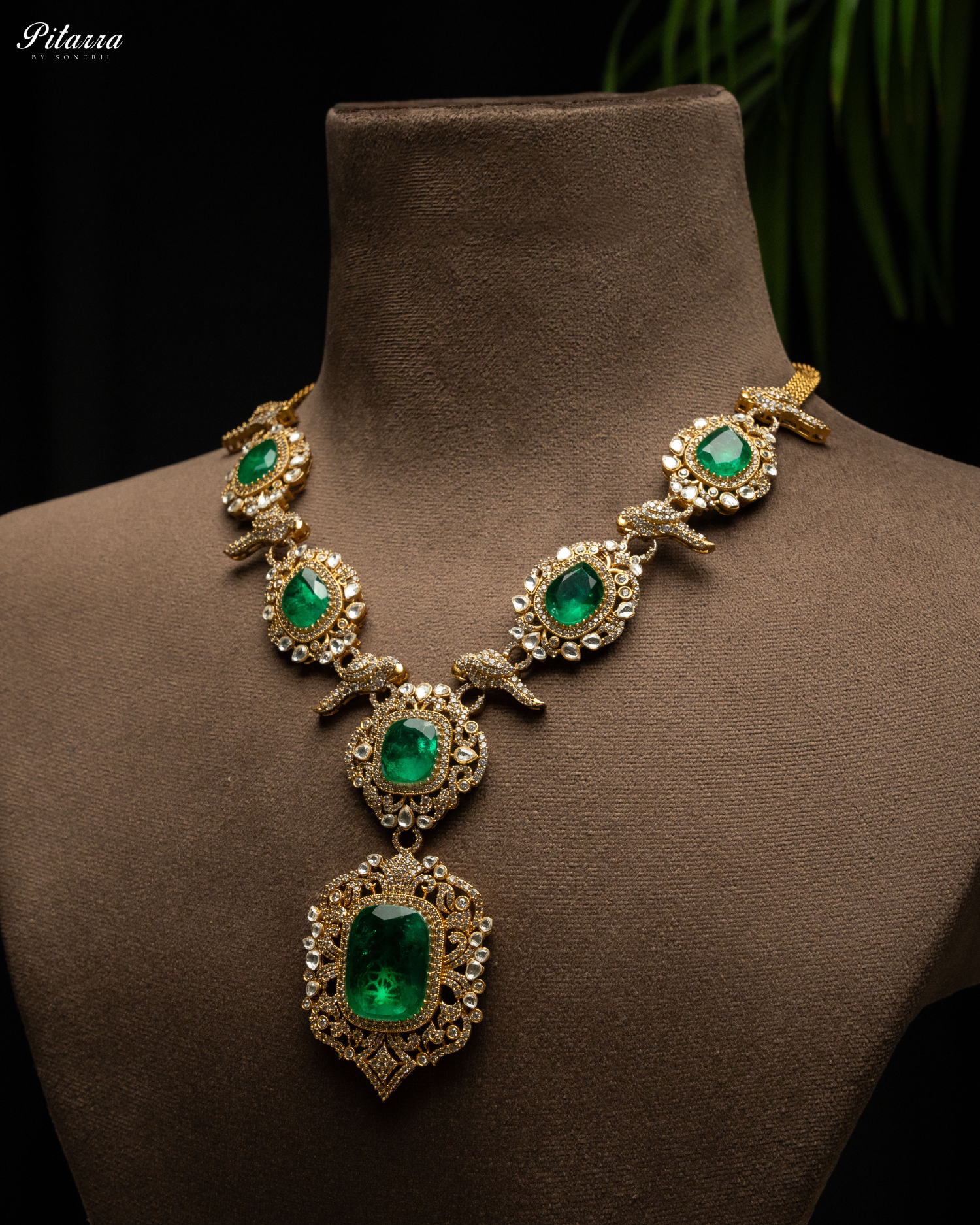 92.5 Silver Green Victorian Polki Kundan Necklace Set-Side Angle