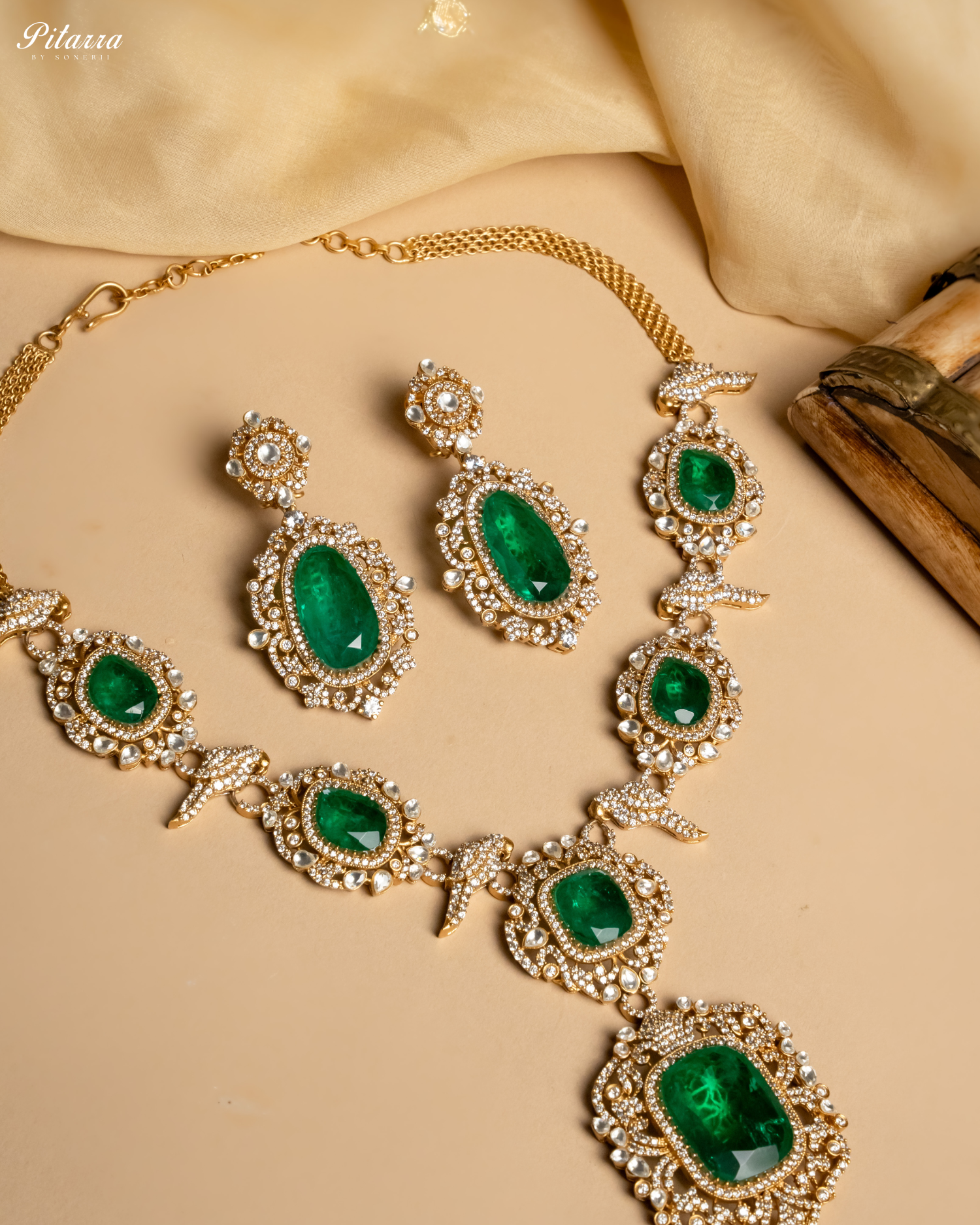 92.5 Silver Green Victorian Polki Kundan Necklace Set-Style Shoot