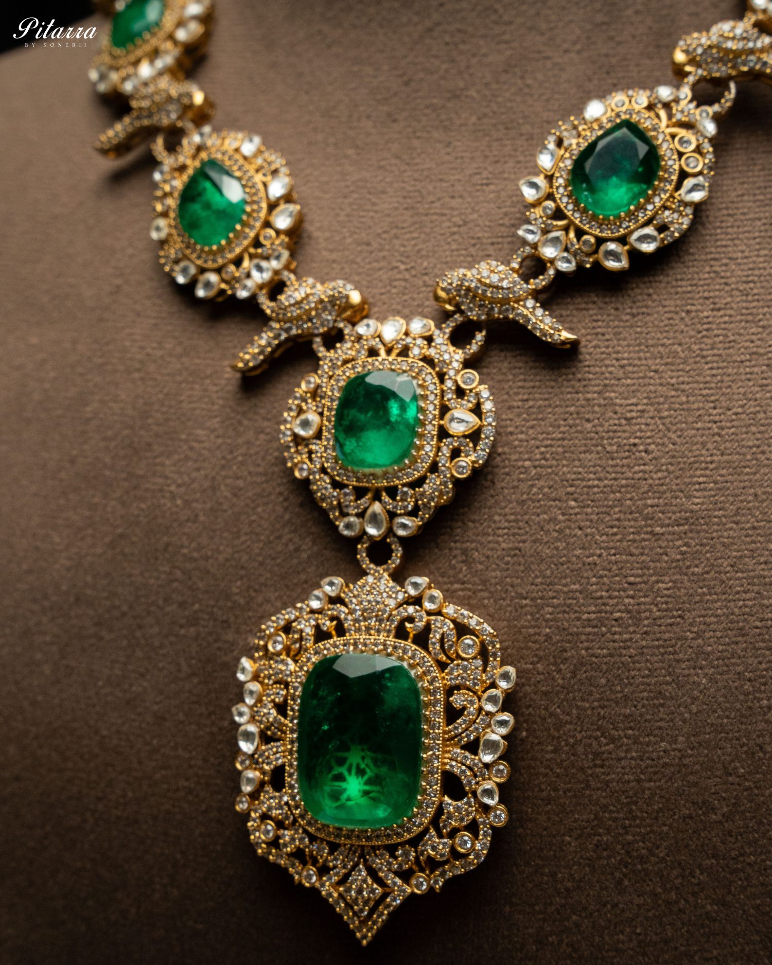 92.5 Silver Green Victorian Polki Kundan Necklace Set-Zoom Angle