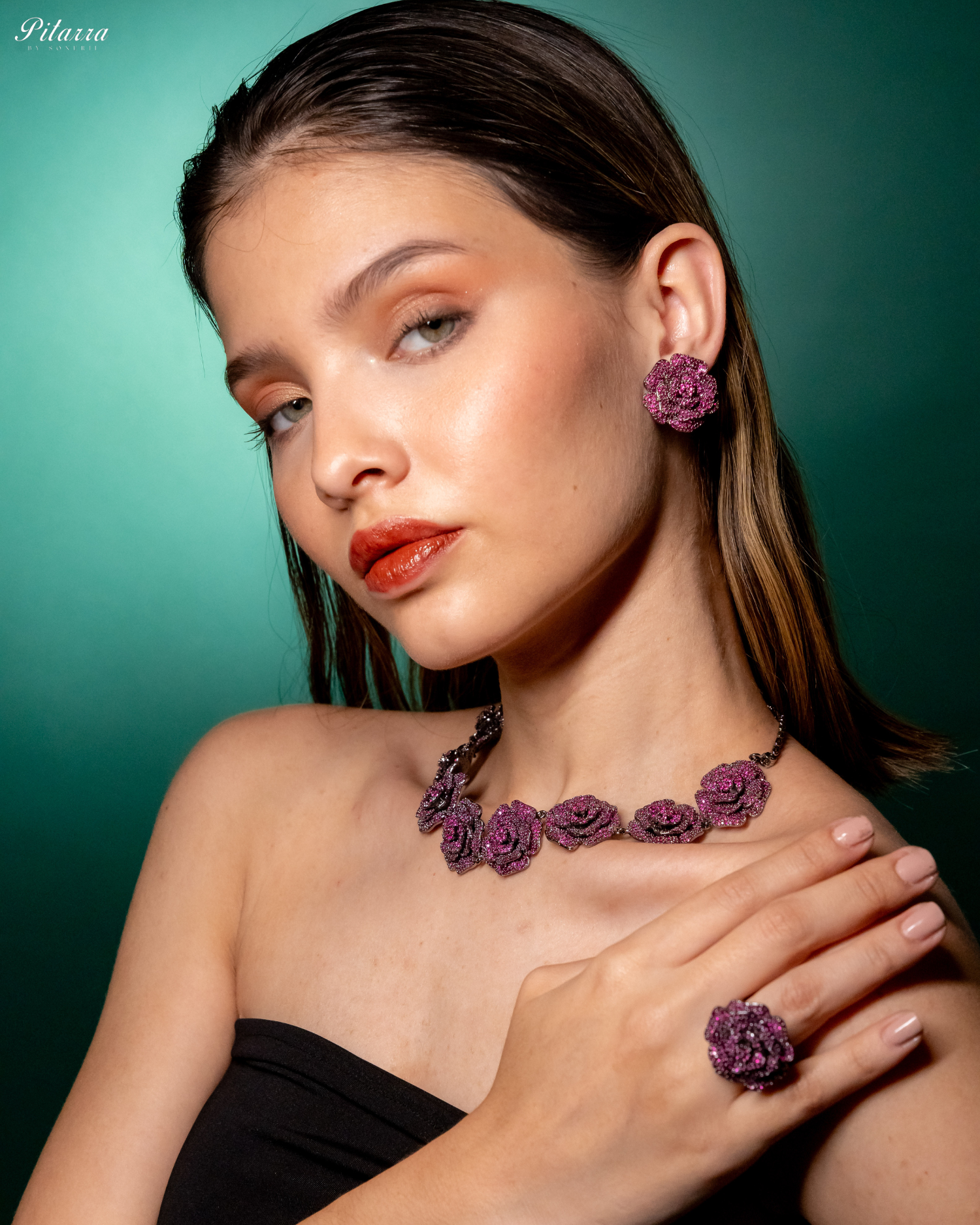 Pink Tone Flower CZ Choker Set with Ring