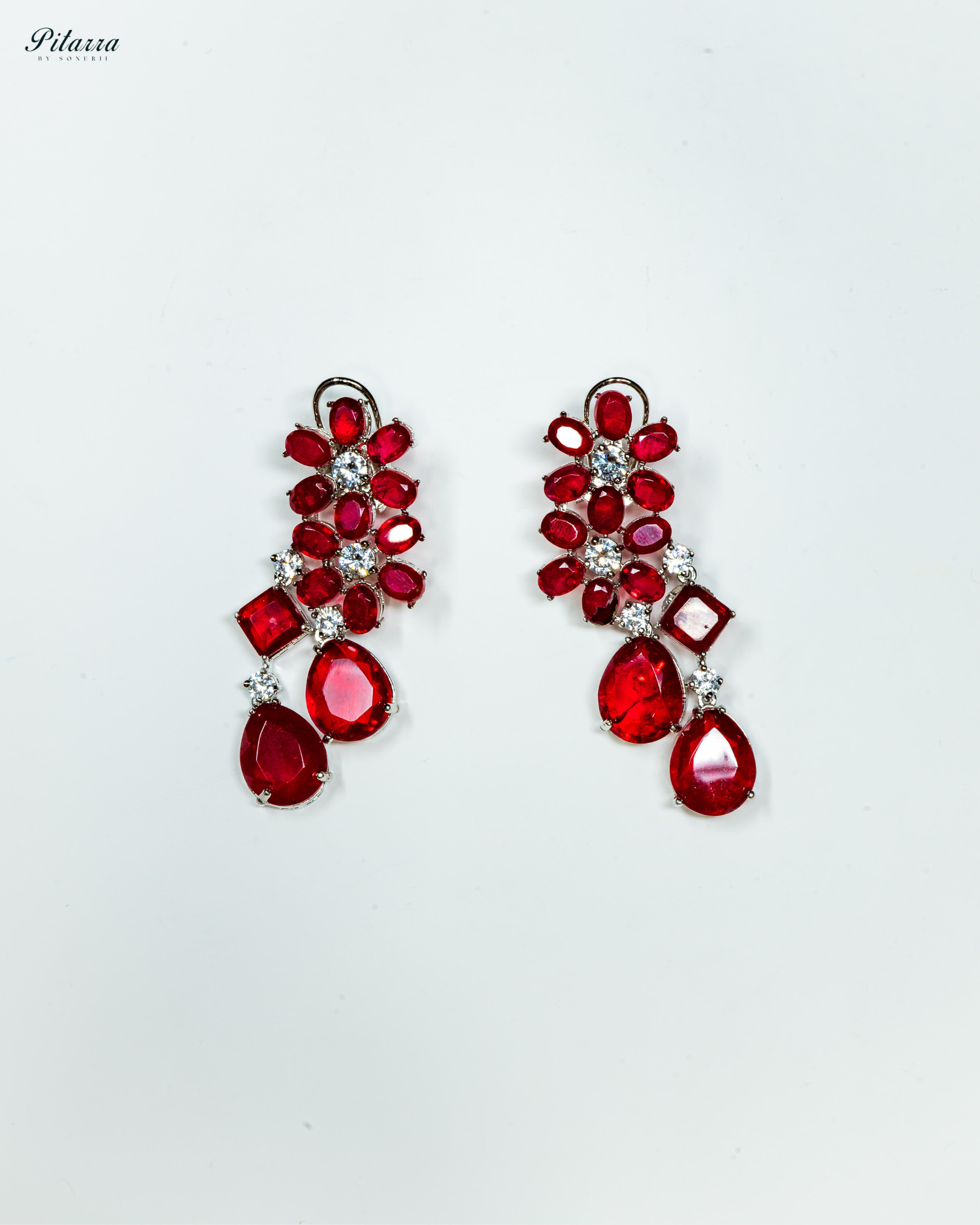 Silver Finish Red Crystal Dangler Earrings