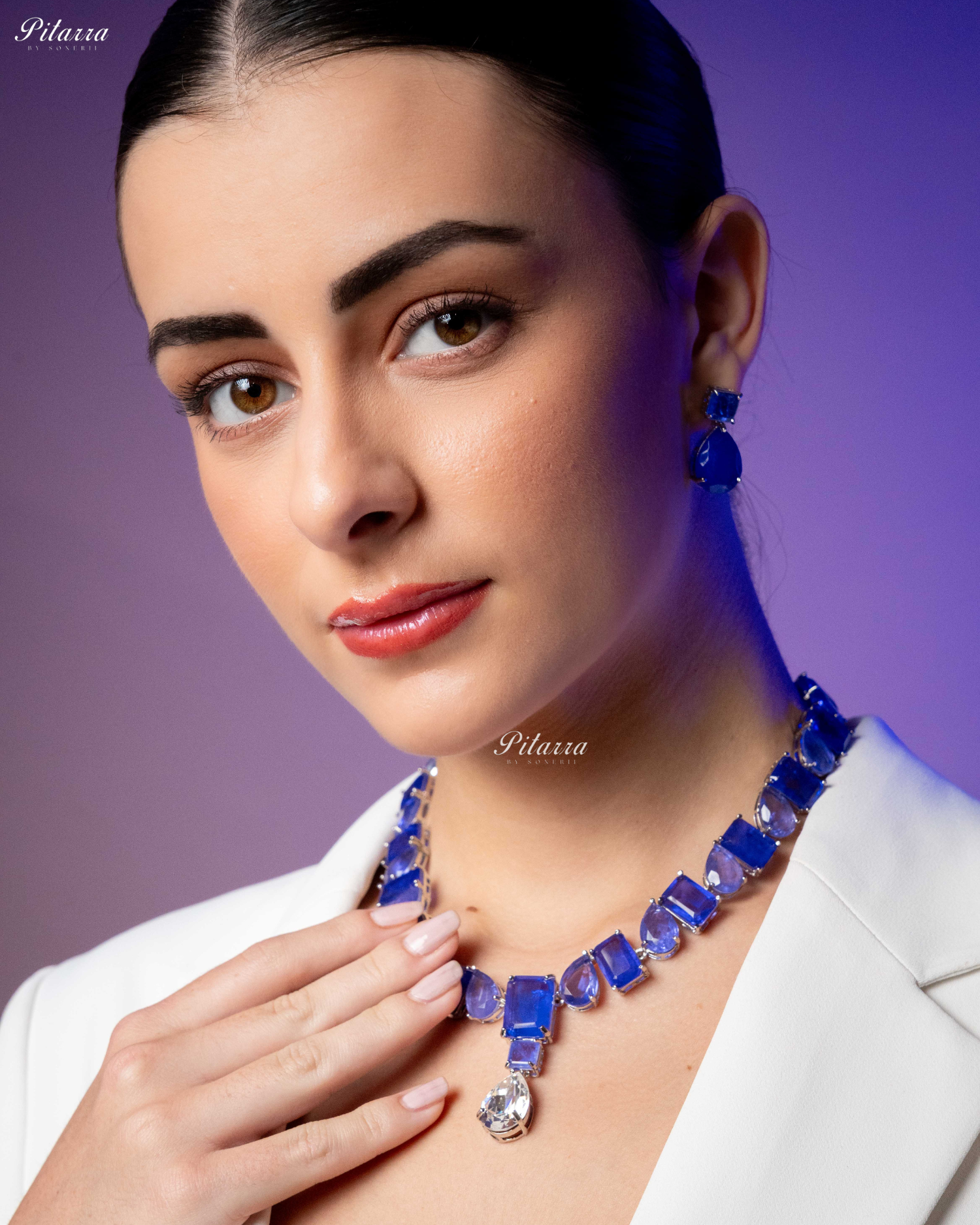 Blue Square and Drop Crystal Necklace Set