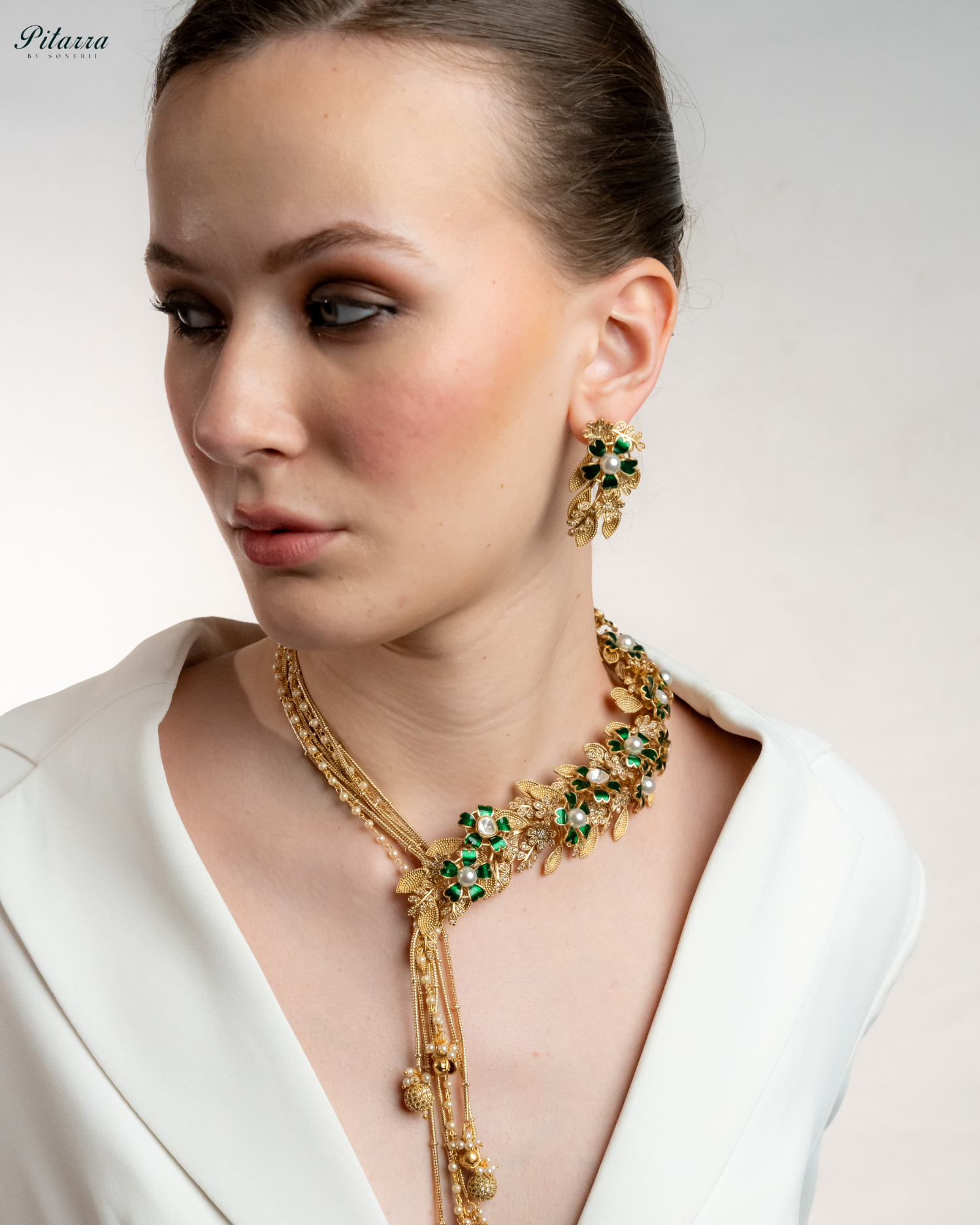Green Leaf Polki Golden Dual Necklace Set