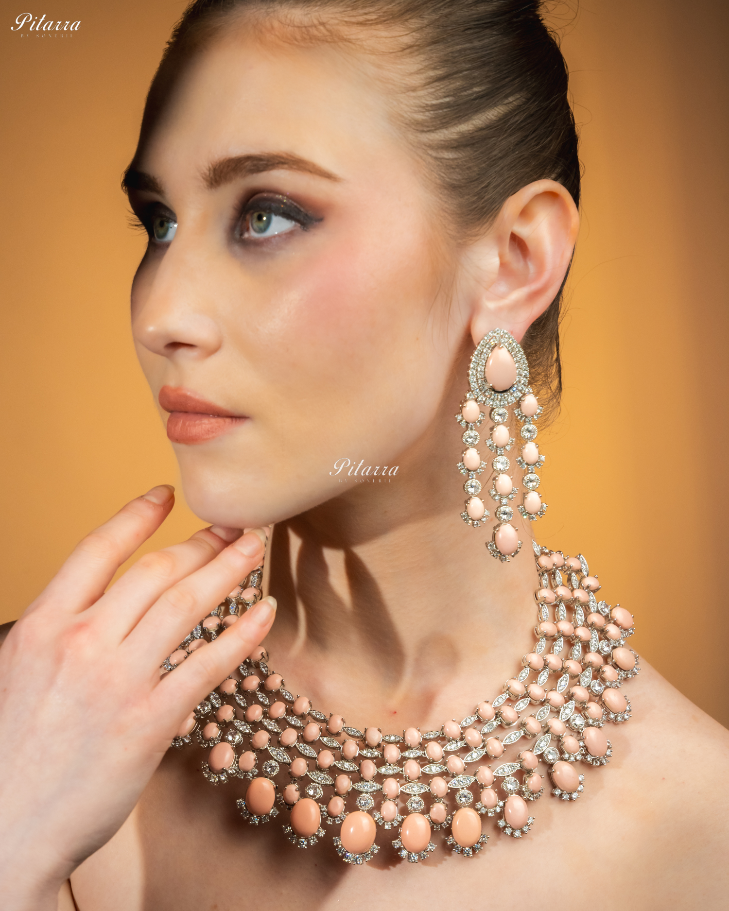 Peach Stone Silver Multi Layer CZ Necklace Set