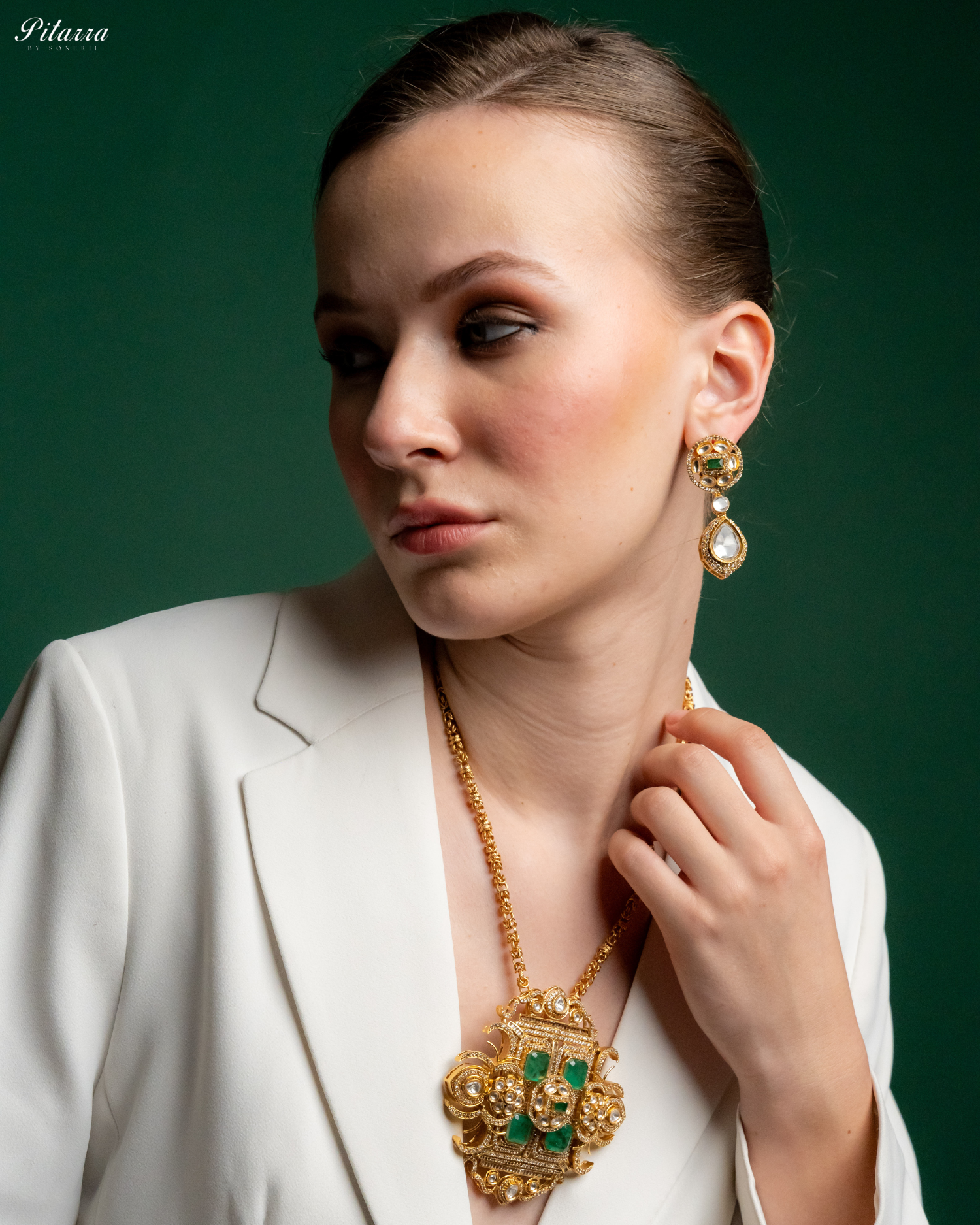 Green Moissanite Stone Long Necklace Set