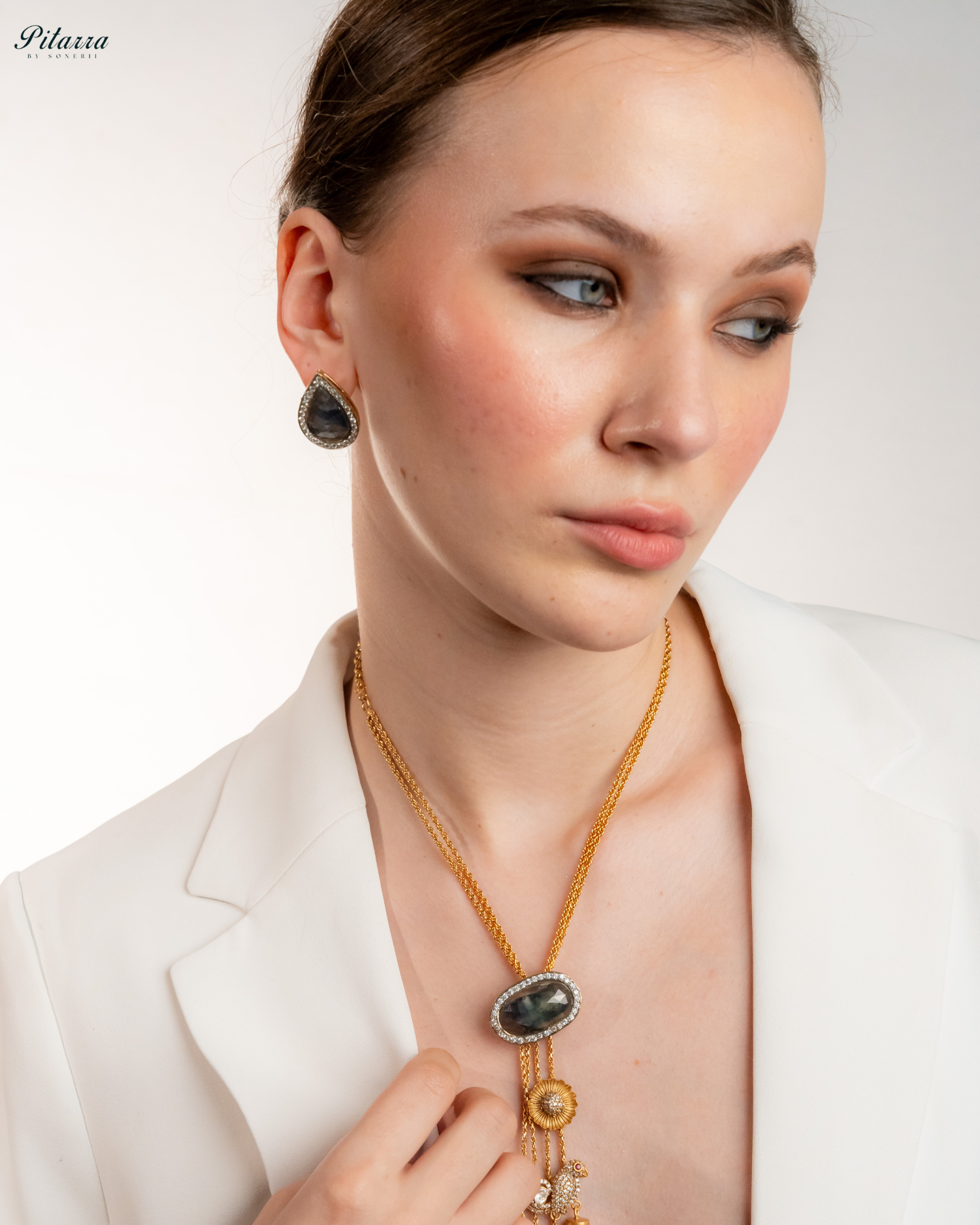 Gold Tone Chain Blue Stone Necklace Set