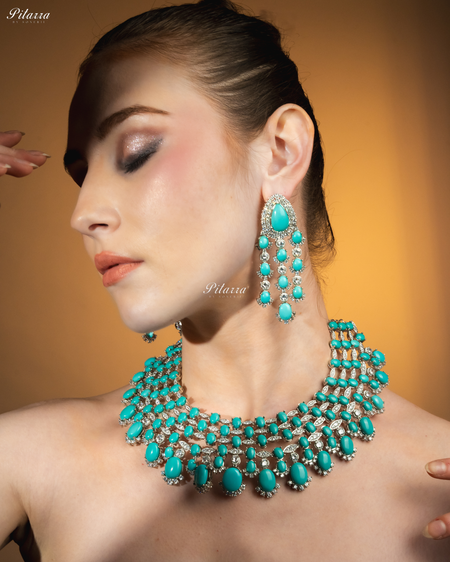 Turquiose Blue Stone Silver Multi Layer CZ Necklace Set