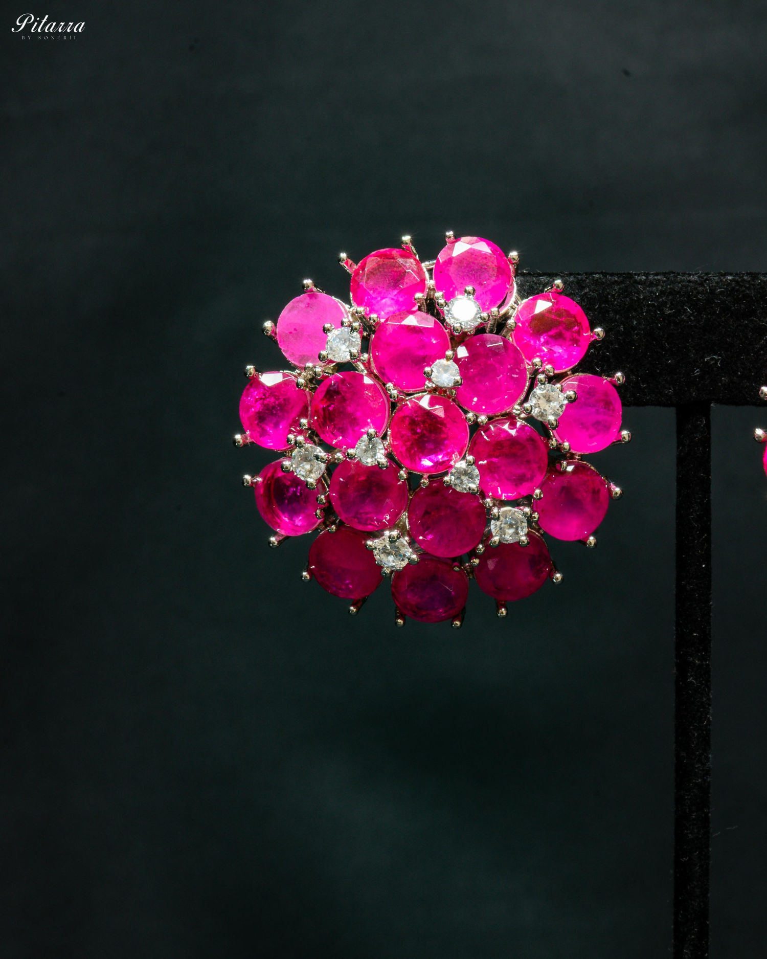 Pink Stone Silver Crystal Stud Earrings