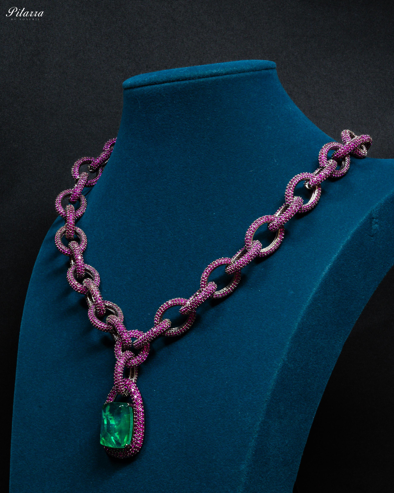 Emerald Stone Pink Chain CZ Necklace Set