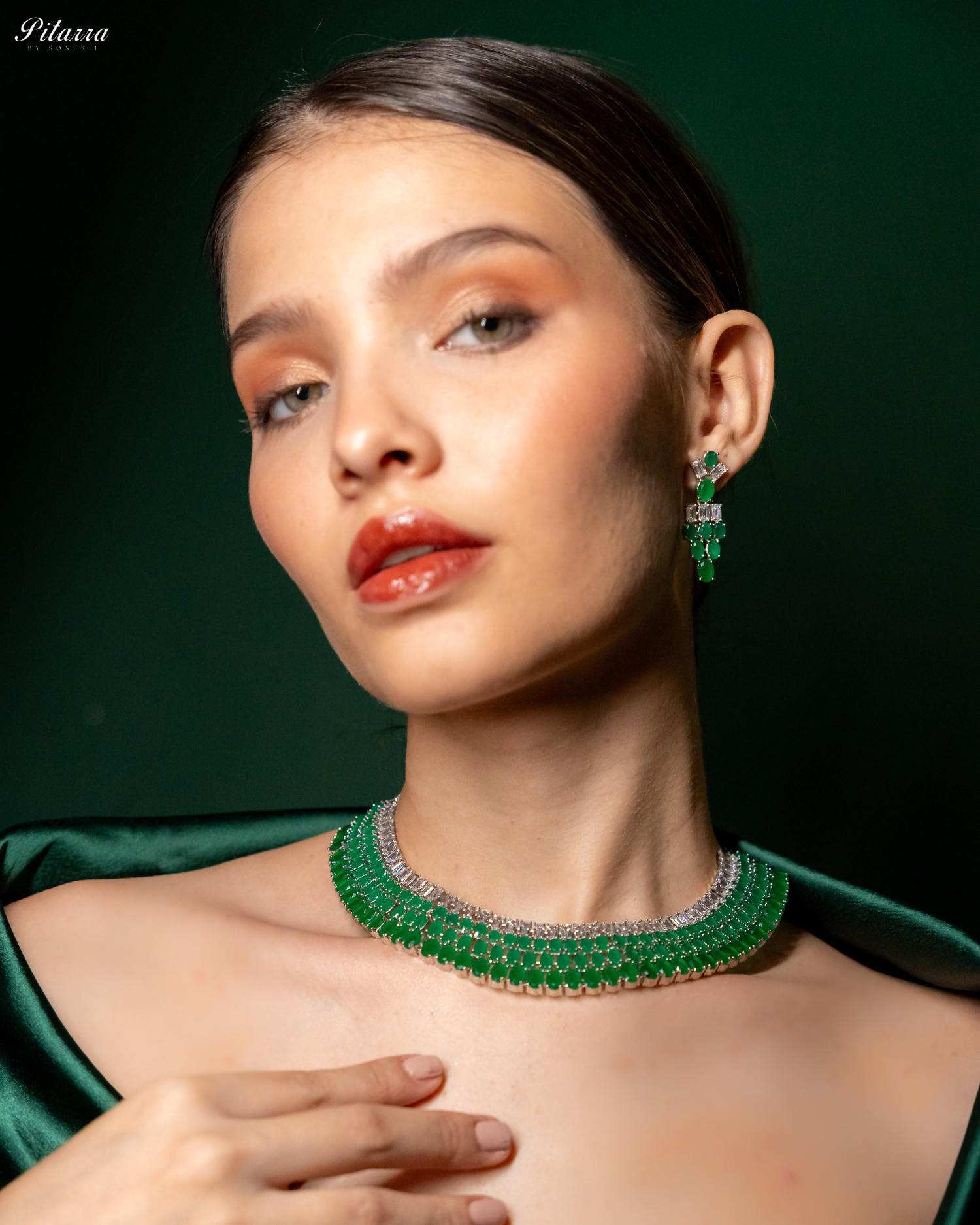 Emerald Green Silver CZ Necklace Set