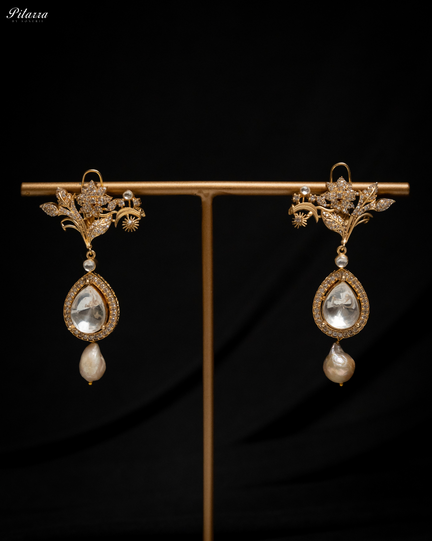 Antique Finish Brown Crystal Stone Kundan Set_Earrings