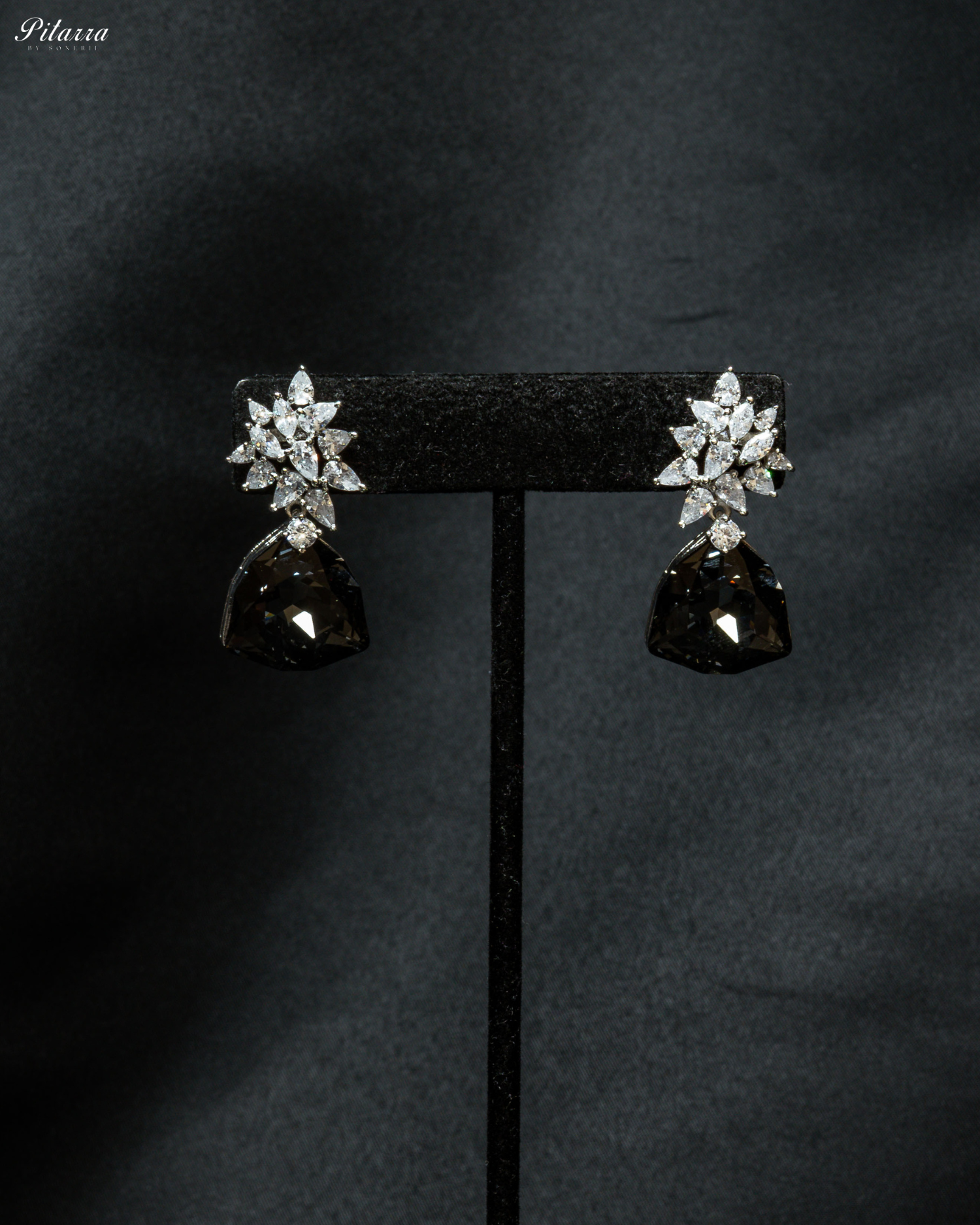 Black Stone Silver Floral CZ Stud Earrings_Front Image