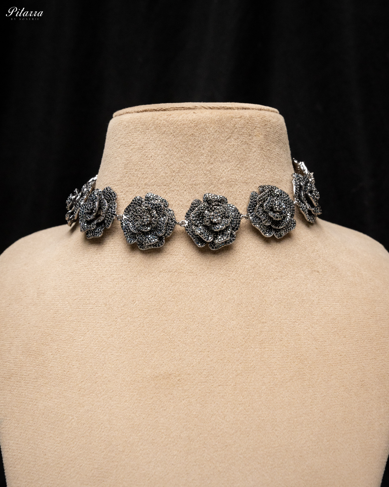 Black Tone Flower CZ Choker Set with Ring_Necklace