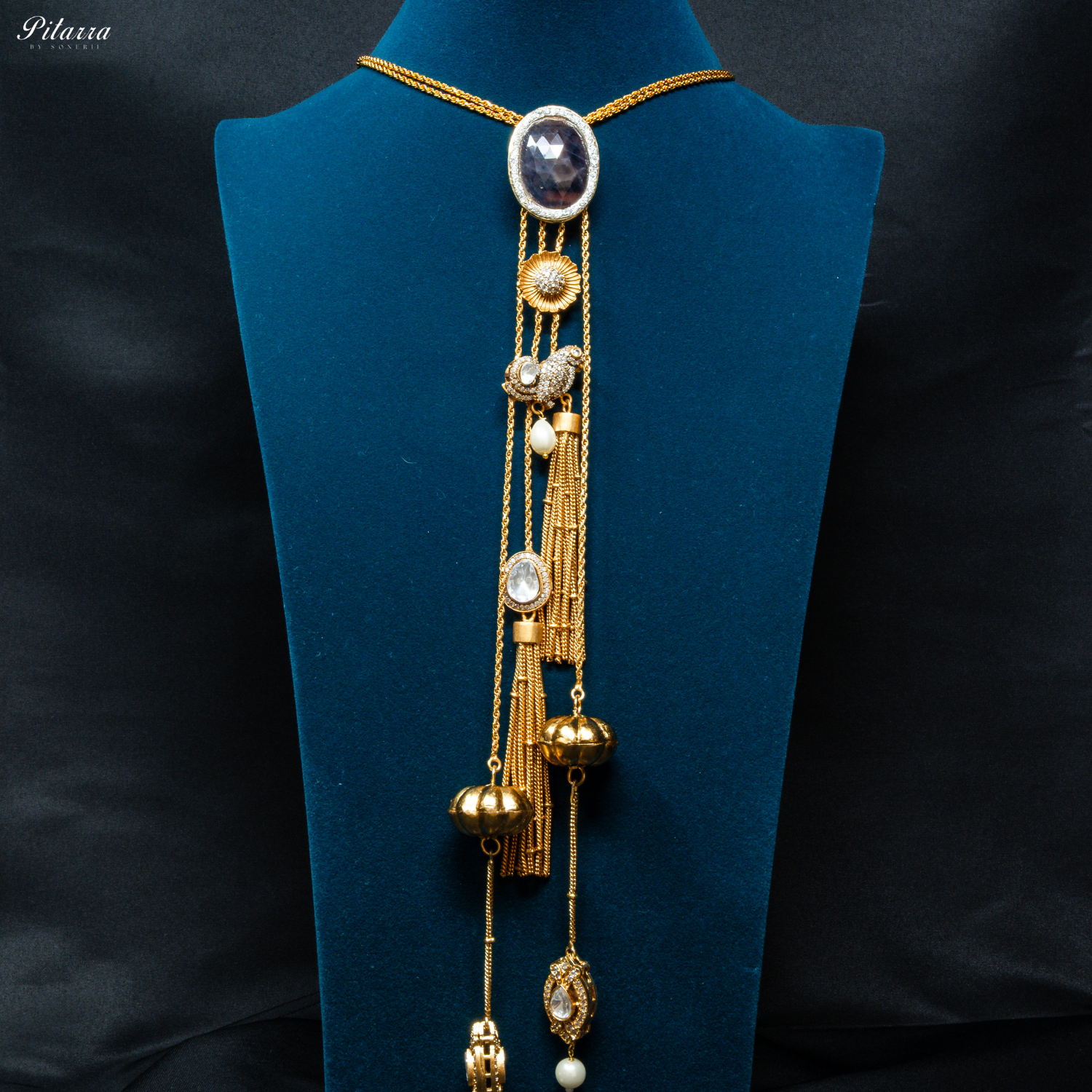 Blue Round Stone Golden Statement Necklace Set
