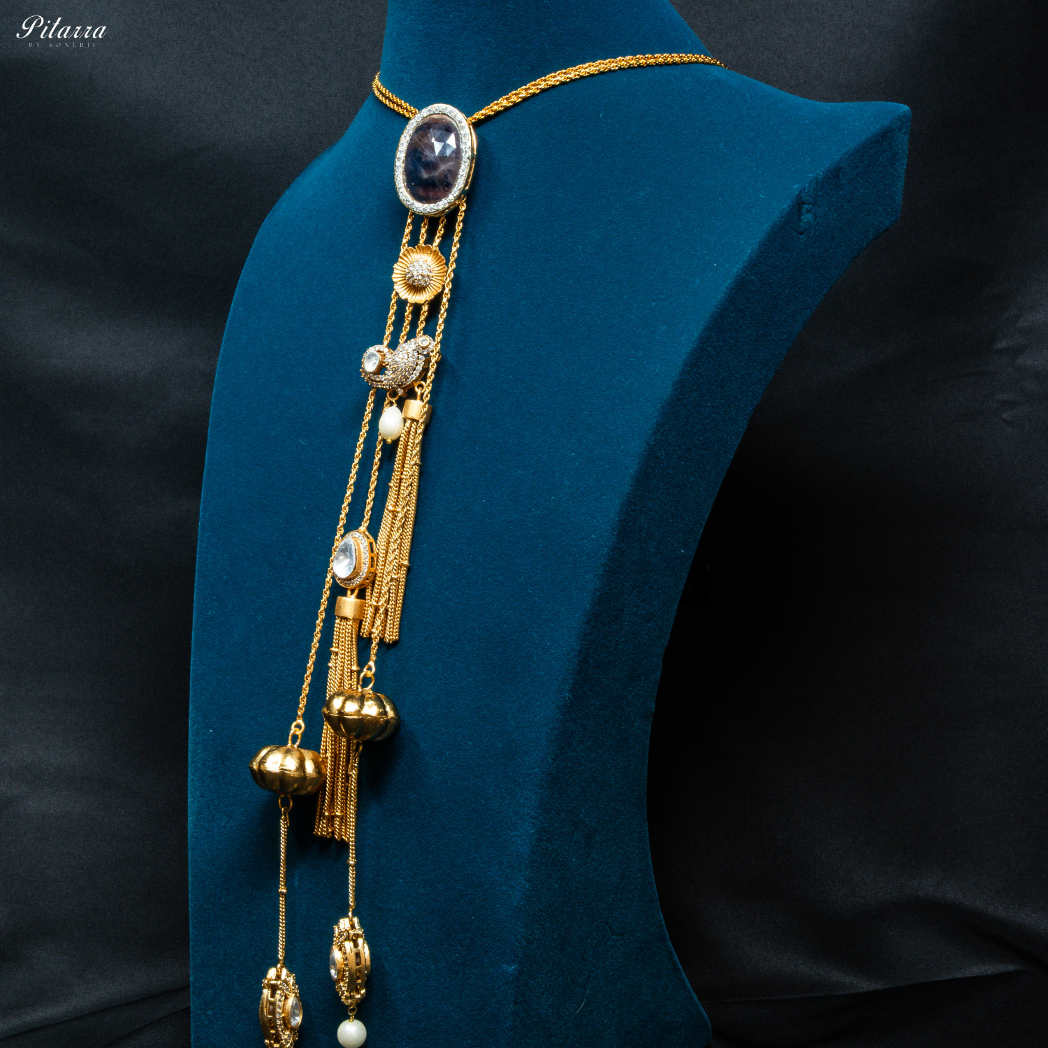 Blue Round Stone Golden Statement Necklace Set