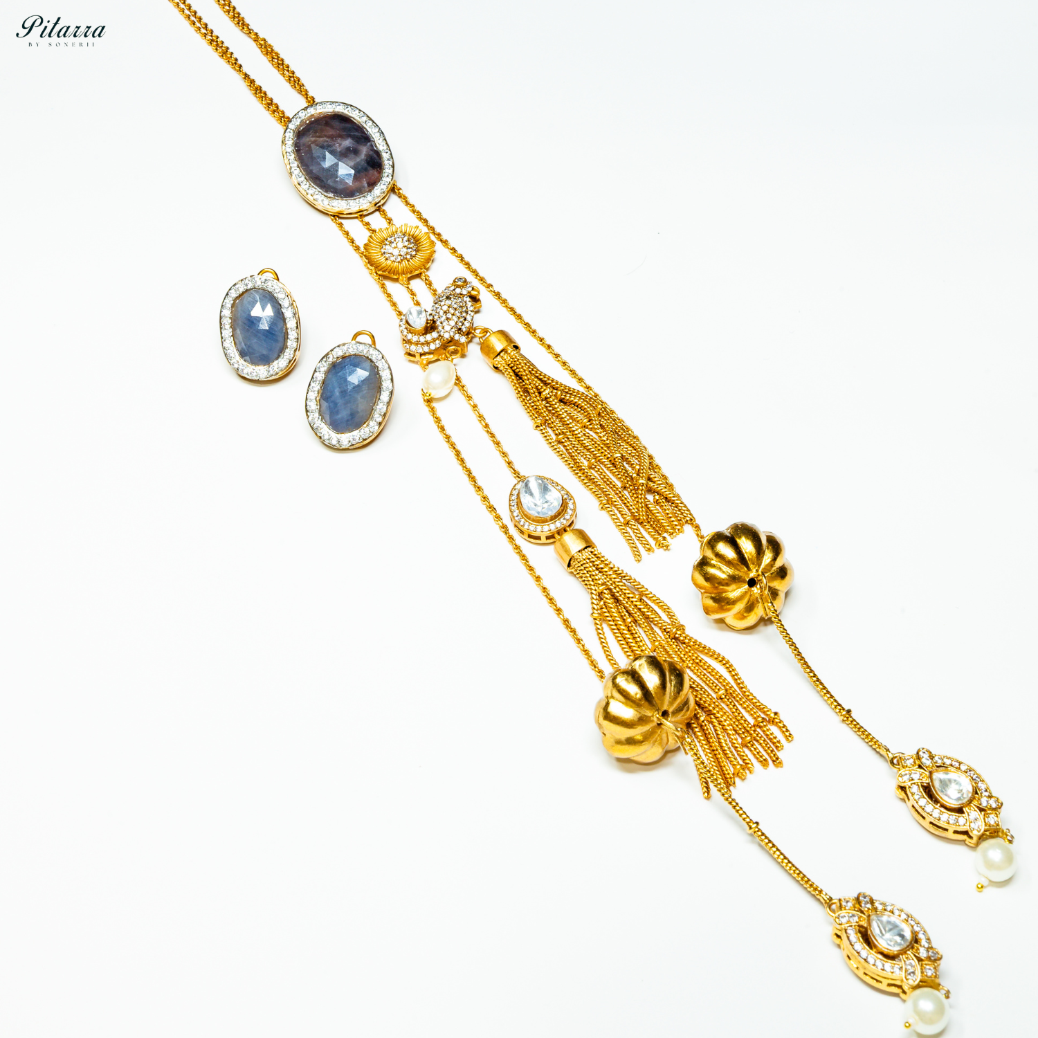 Blue Round Stone Golden Statement Necklace Set