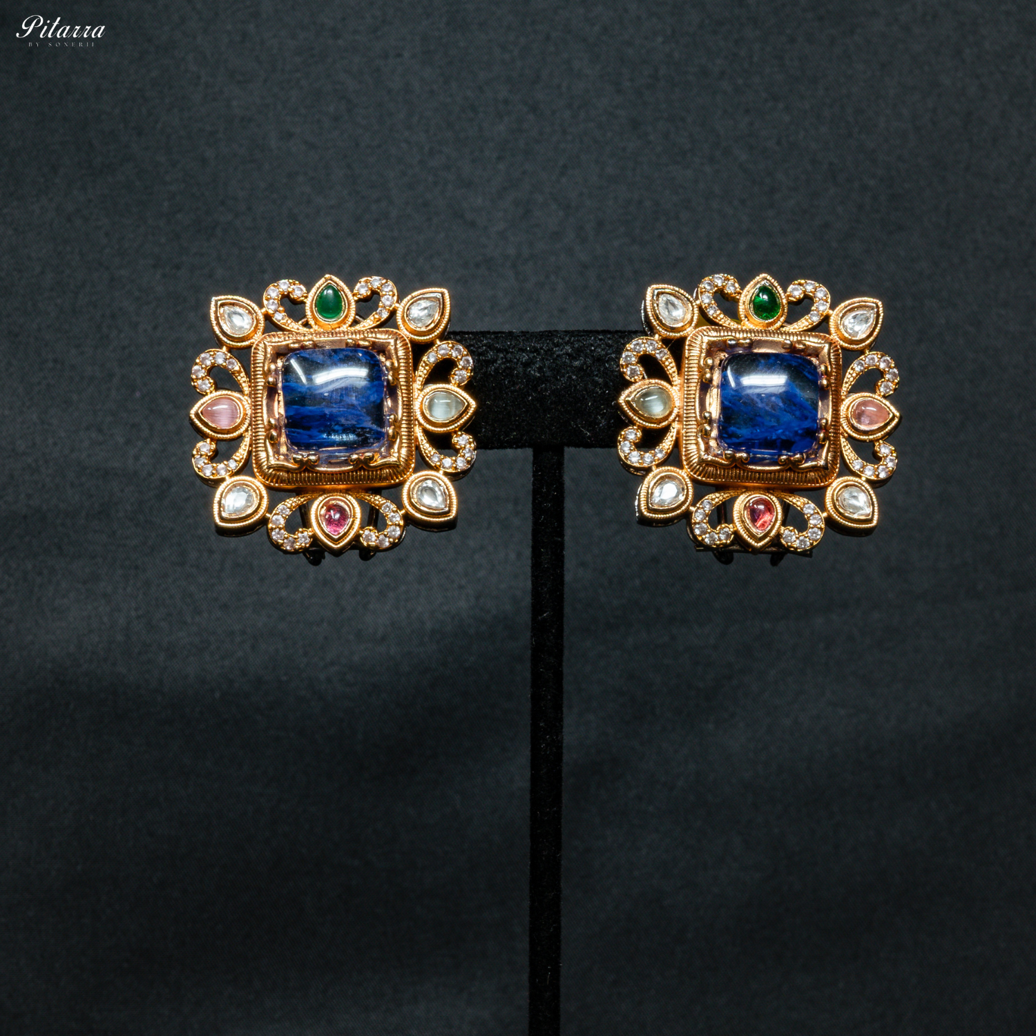 Blue Stone Golden Kundan Stud Earrings