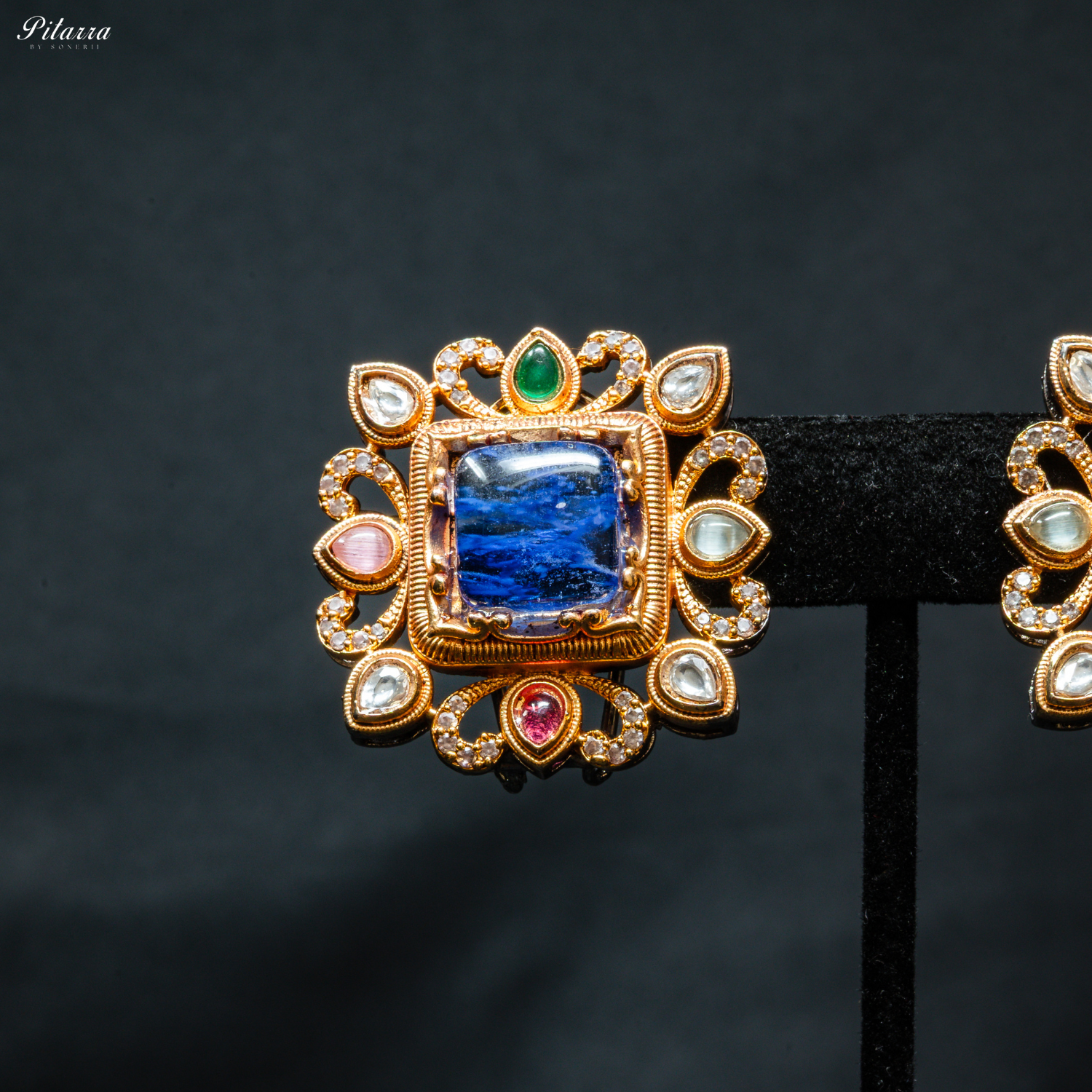 Blue Stone Golden Kundan Stud Earrings