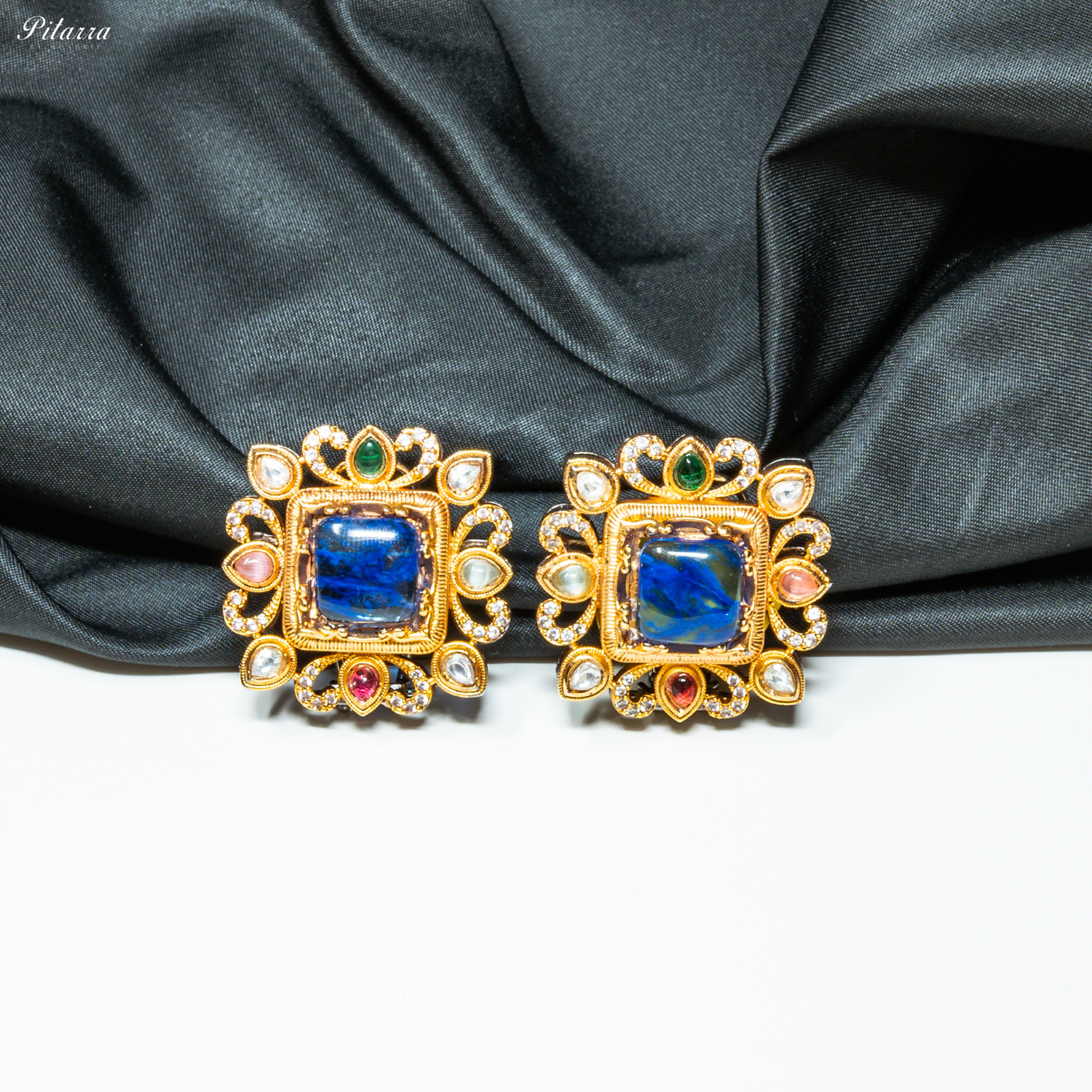 Blue Stone Golden Kundan Stud Earrings