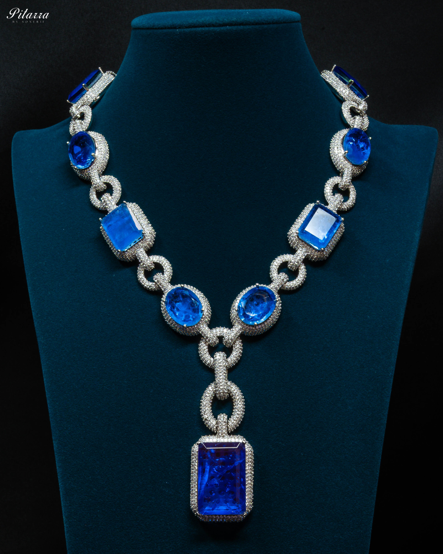 Blue Stone Statement Doublet Chain Necklace Set_Front Image