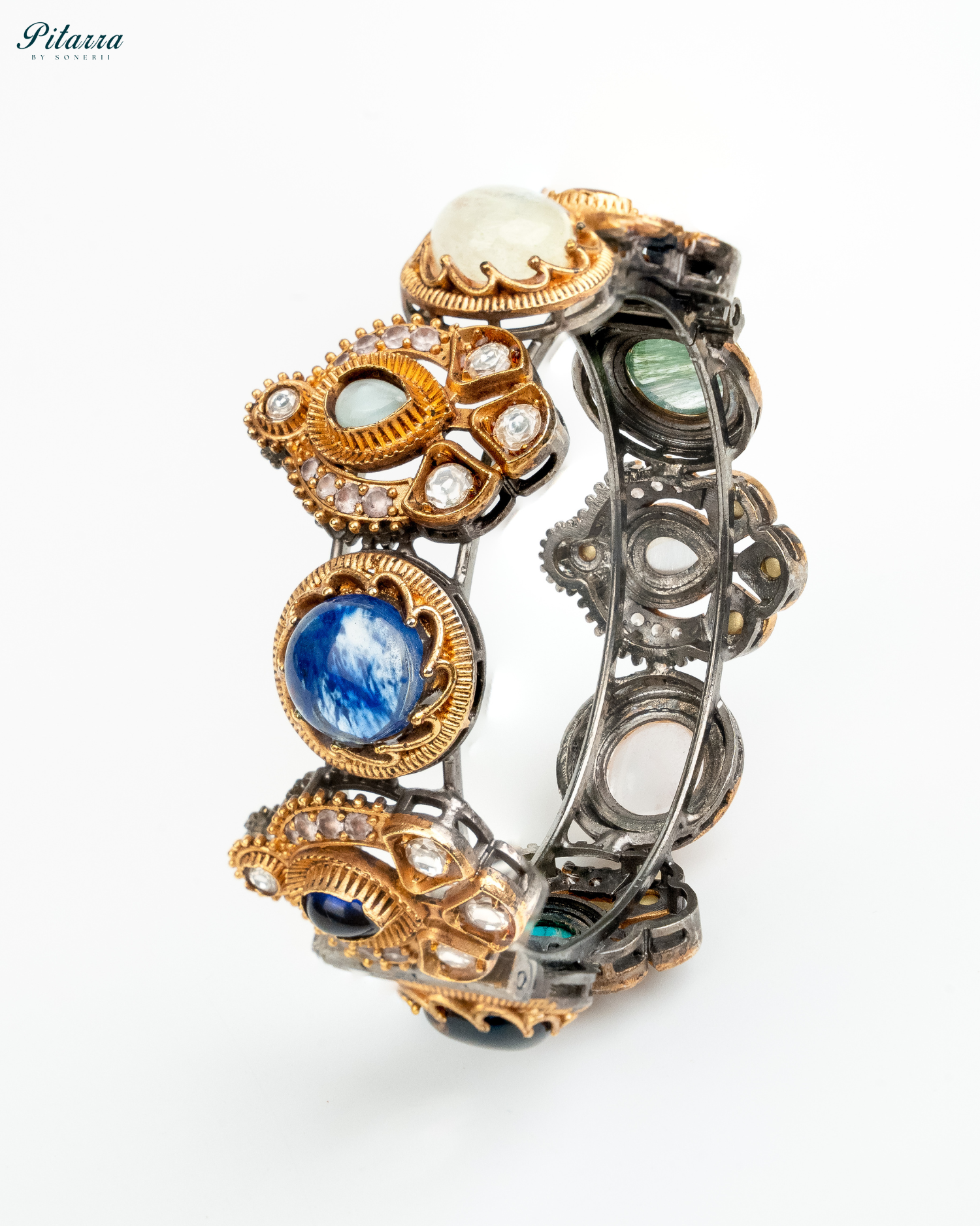 Blue Victorian Fusion Bangle Luxury Fusion Jewelry White Stand Shoot