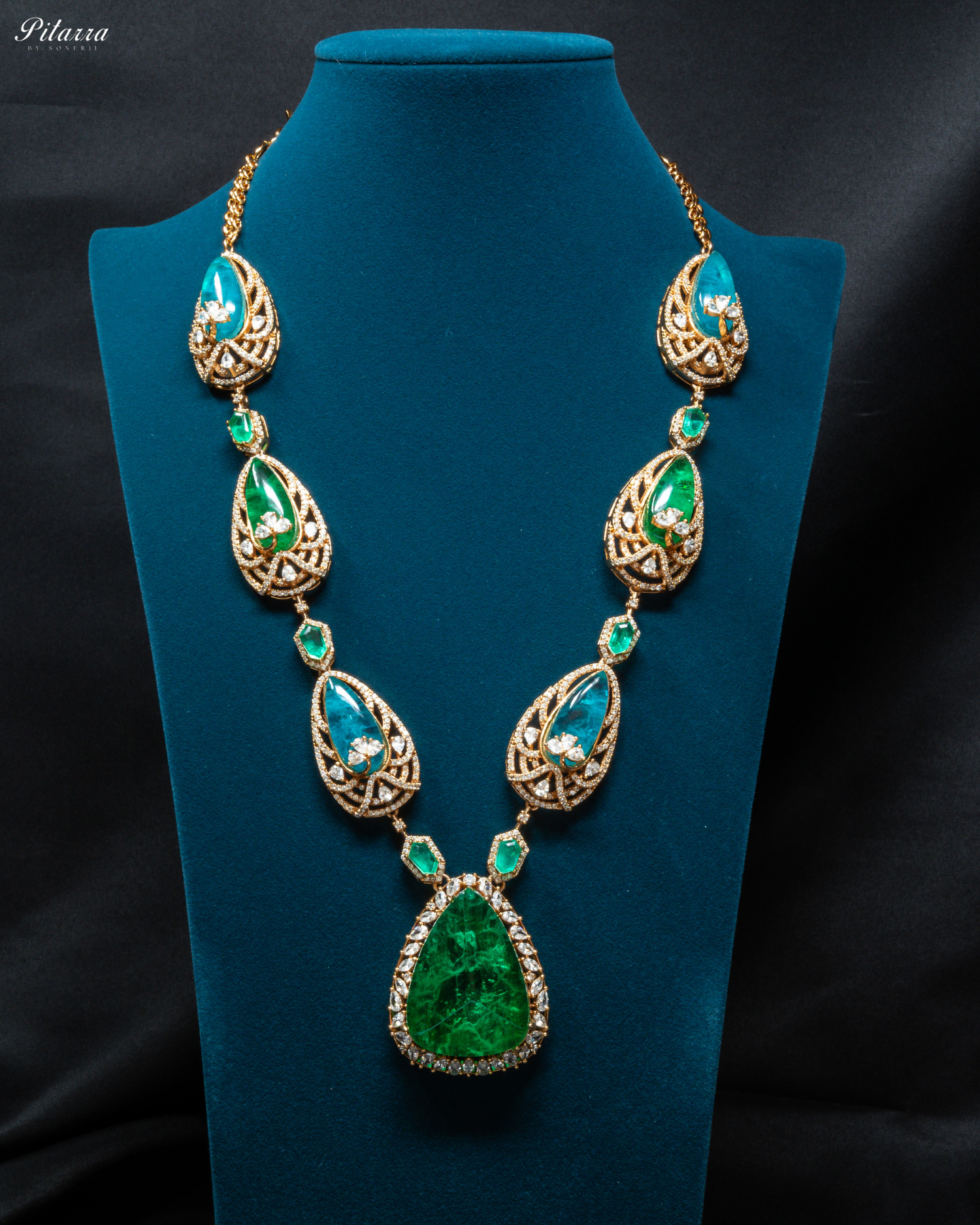 Blue and Green Doublet Stone with CZ Necklace Set_Front Image