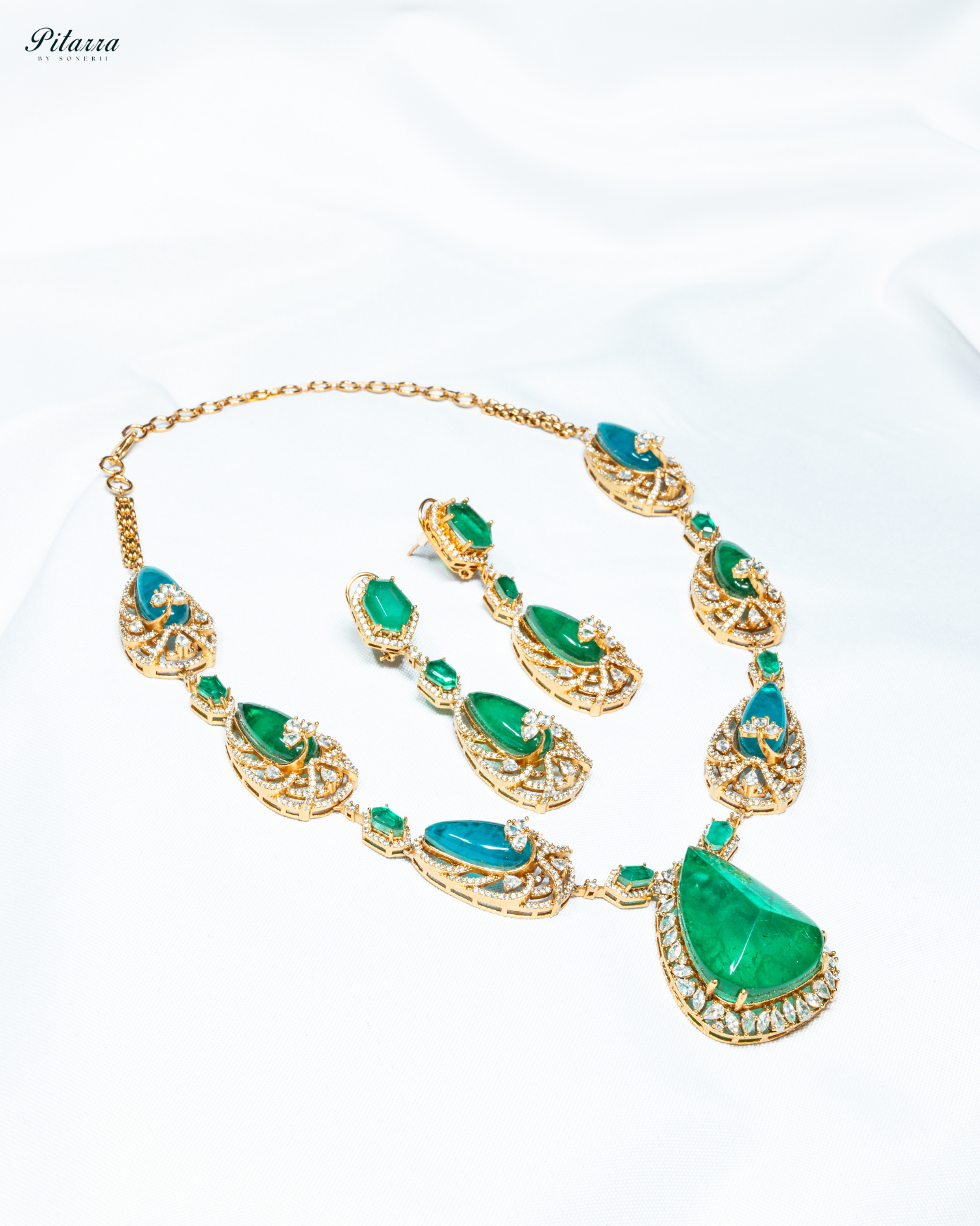 Blue and Green Doublet Stone with CZ Necklace Set_White Background