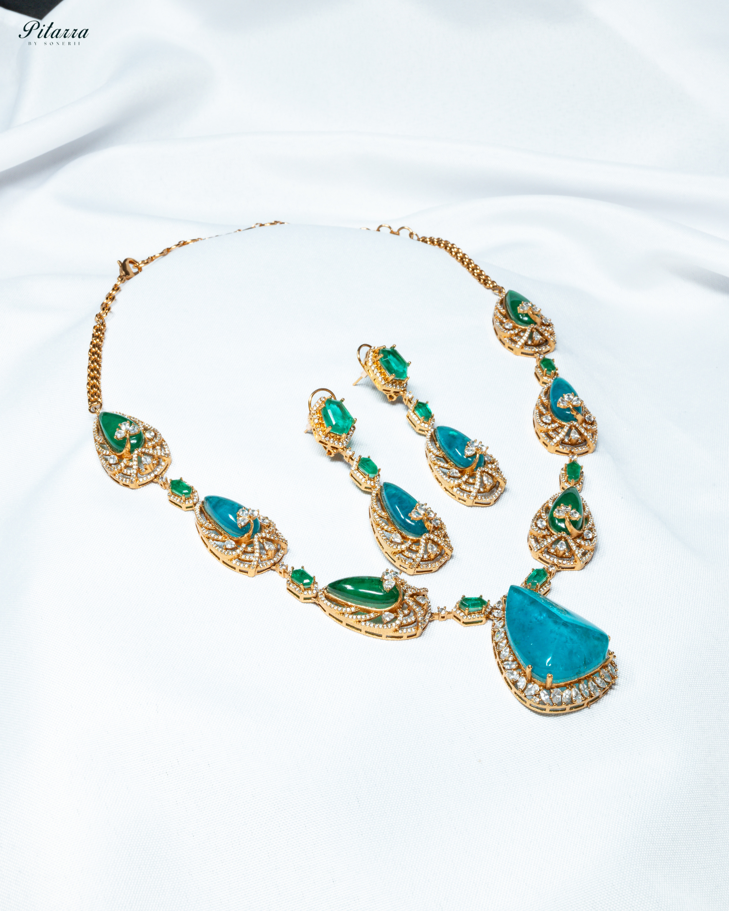 Blue and Green Doublet Stone with CZ Necklace Set_White Background Image