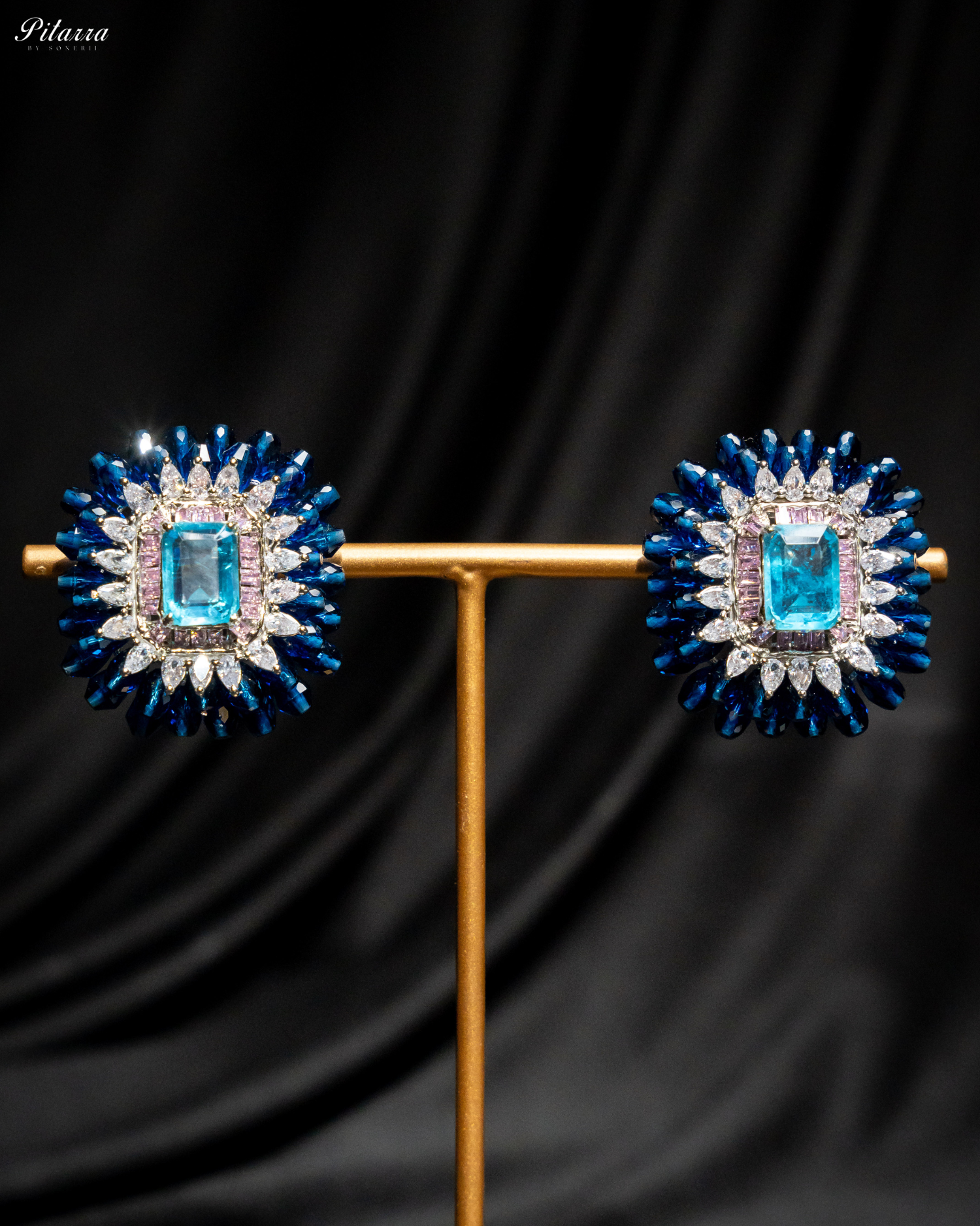 Blue and Pink Emerald Studs Earrings_Front Image