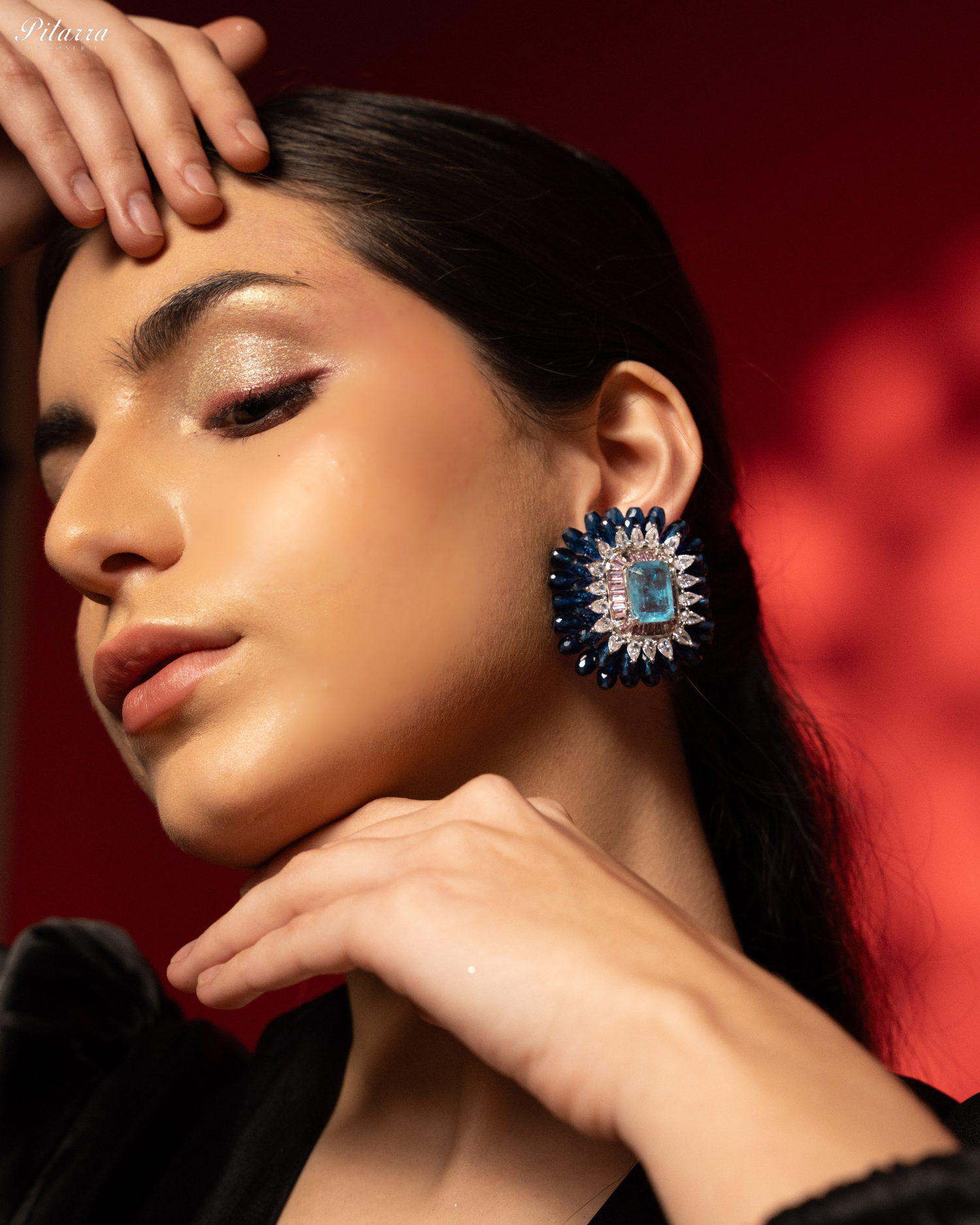 Blue and Pink Emerald Studs Earrings_Left Angle