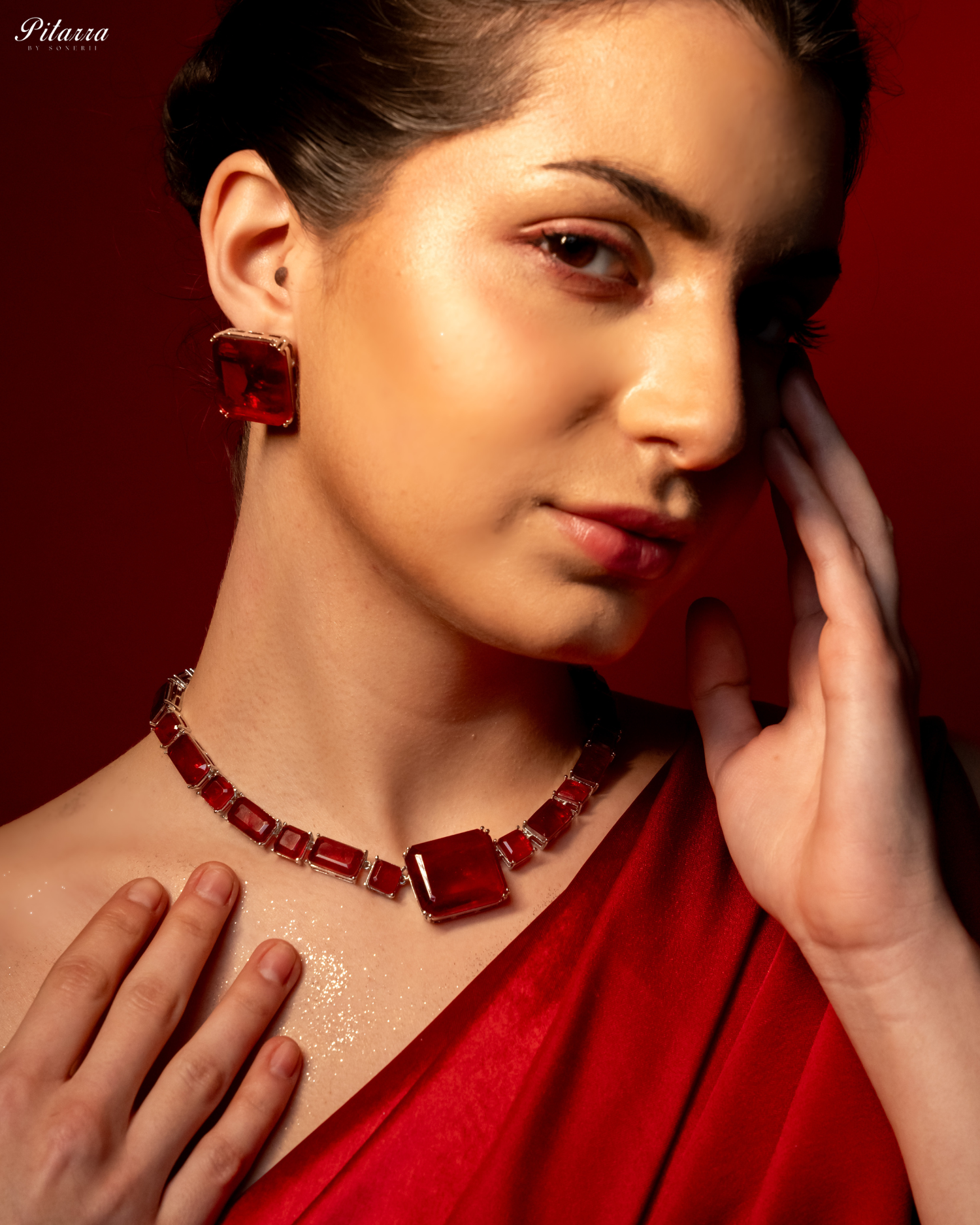 Classic Square Red CZ Necklace Set_Right Angle