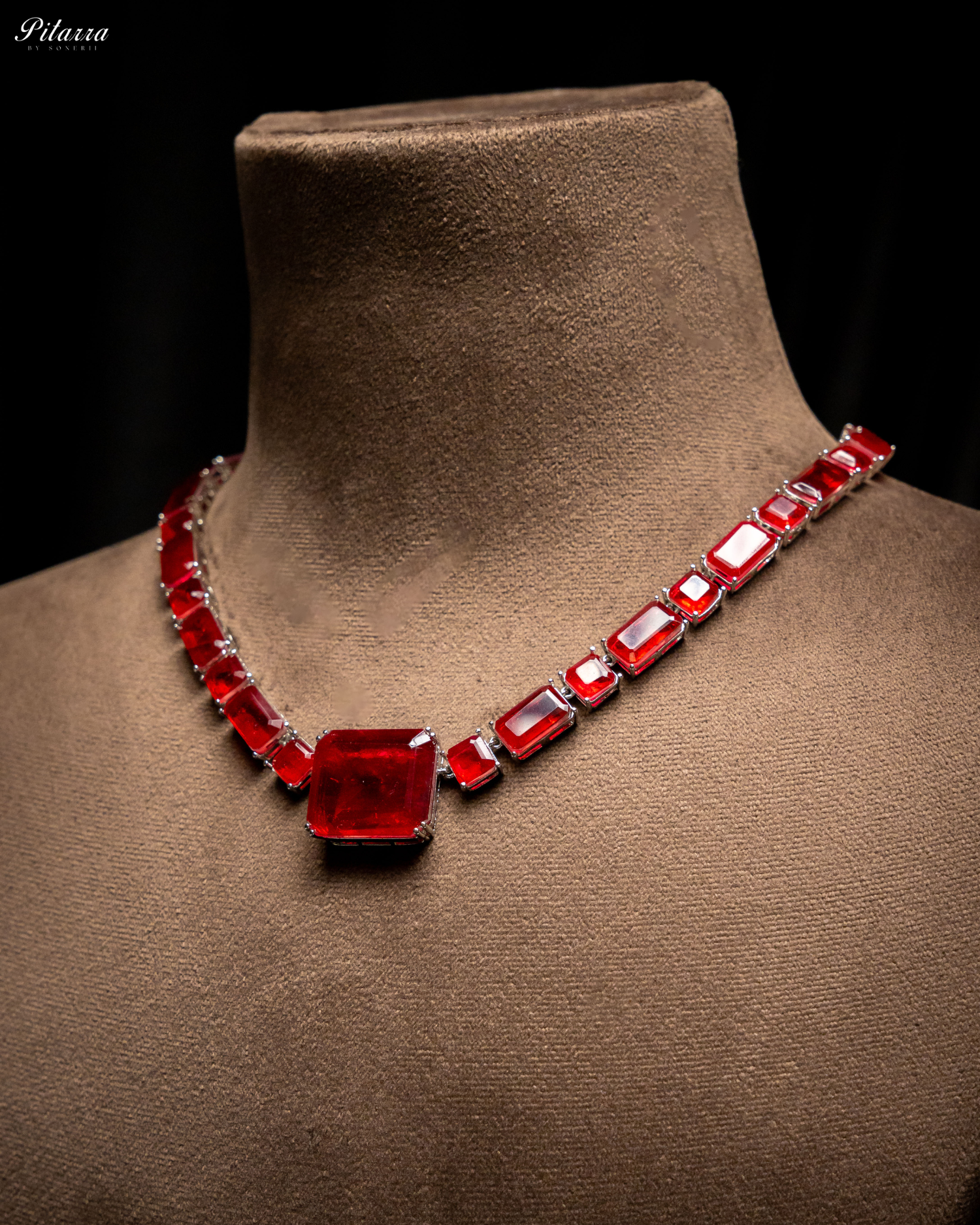 Classic Square Red CZ Necklace Set_Side Angle