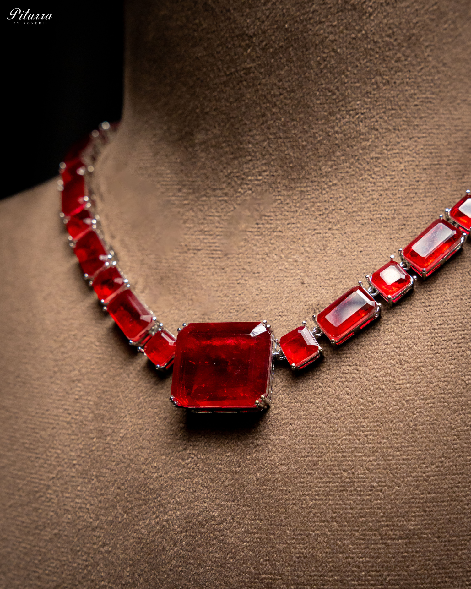 Classic Square Red CZ Necklace Set_Zoom Angle