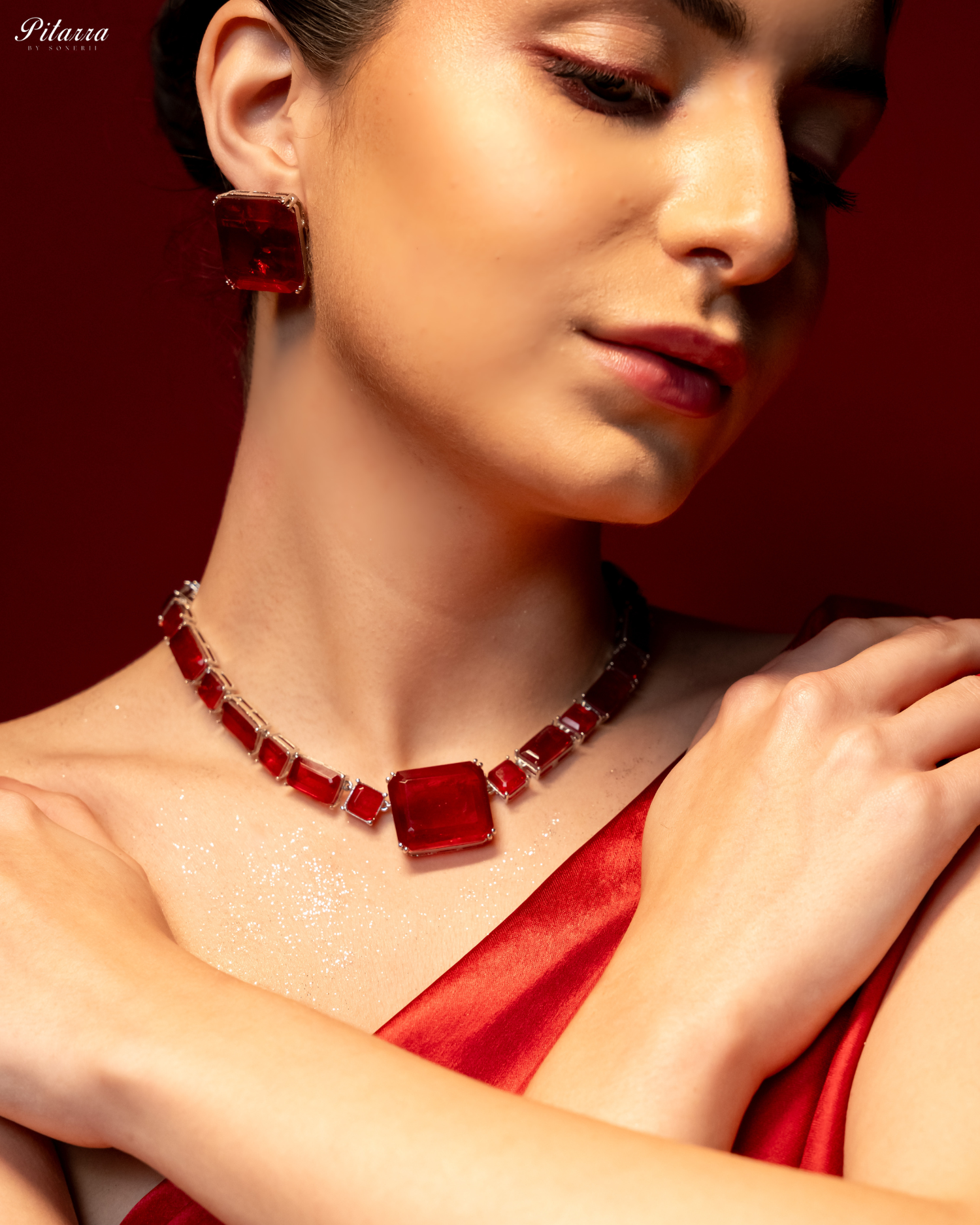 Classic Square Red CZ Necklace Set_Zoom Earrings