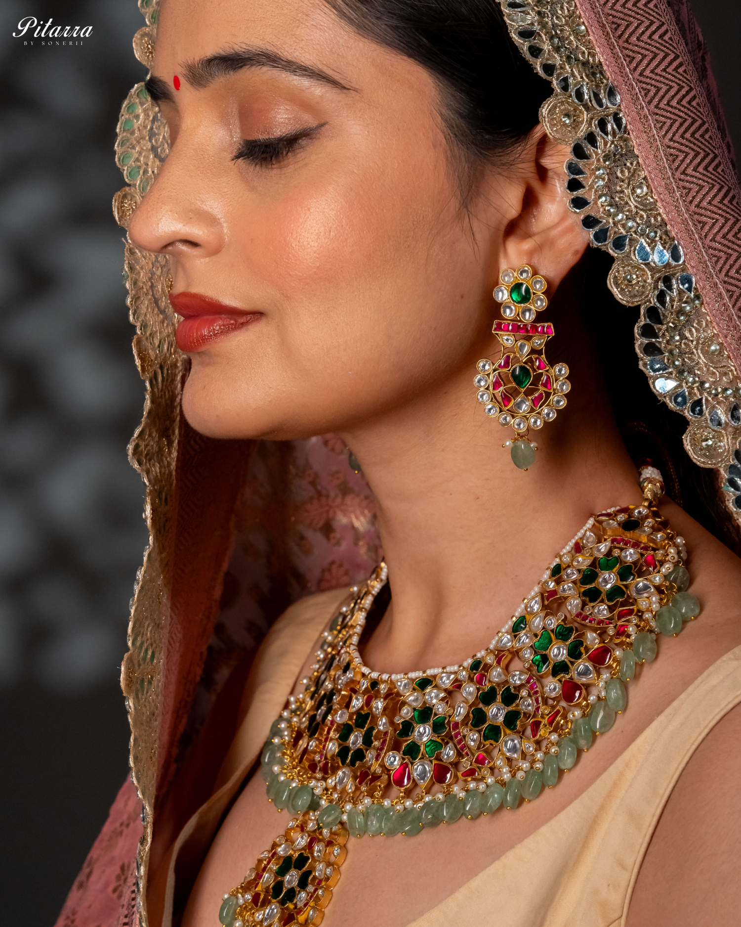Dazzling Multi Color Kundan Necklace Set Left Model Angle