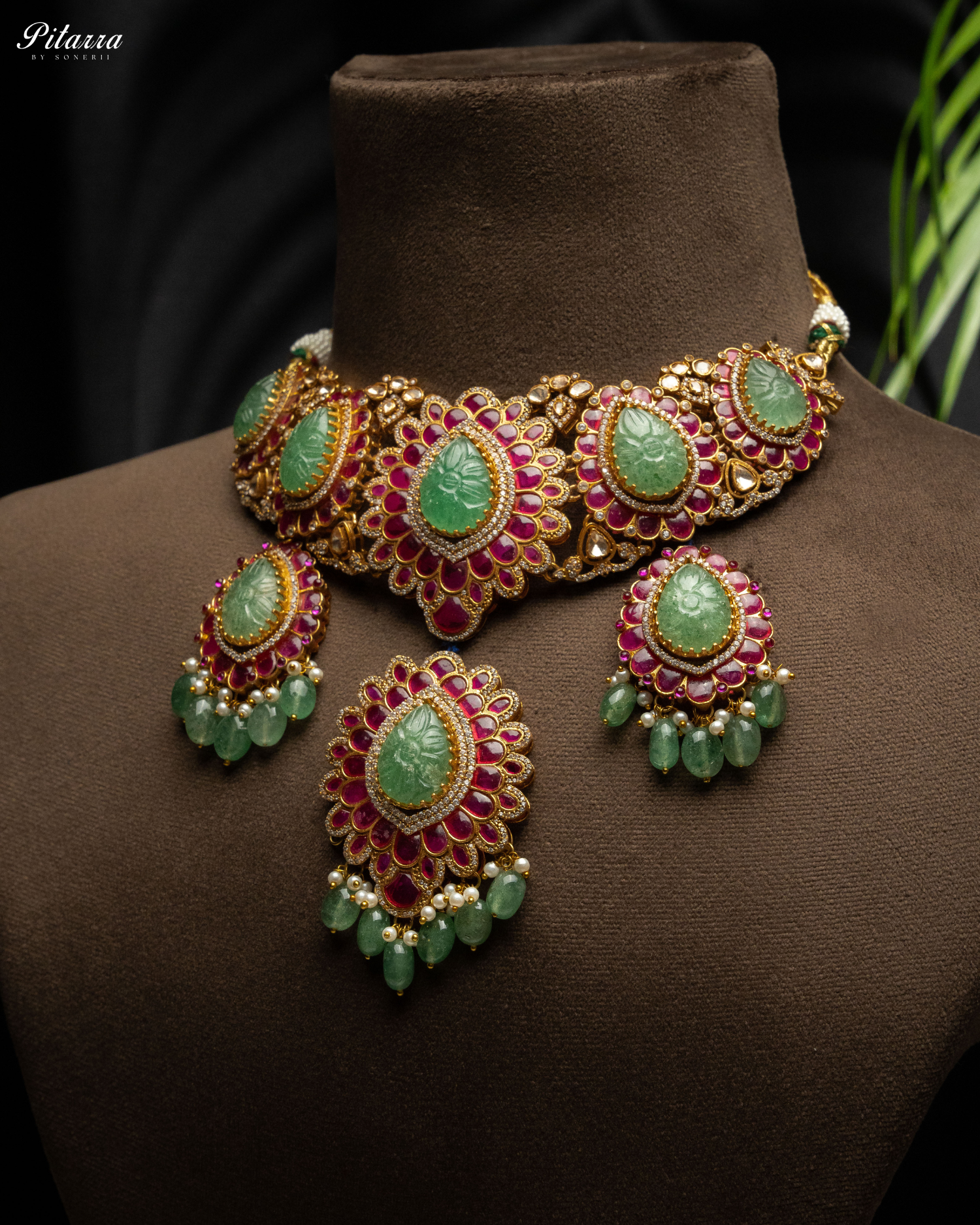 Elegant Kundan Jadau Necklace Set with Emerald Beads