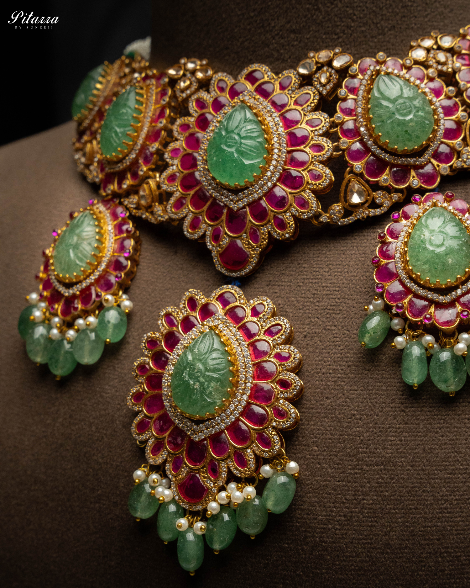 Elegant Kundan Jadau Necklace Set with Emerald Beads