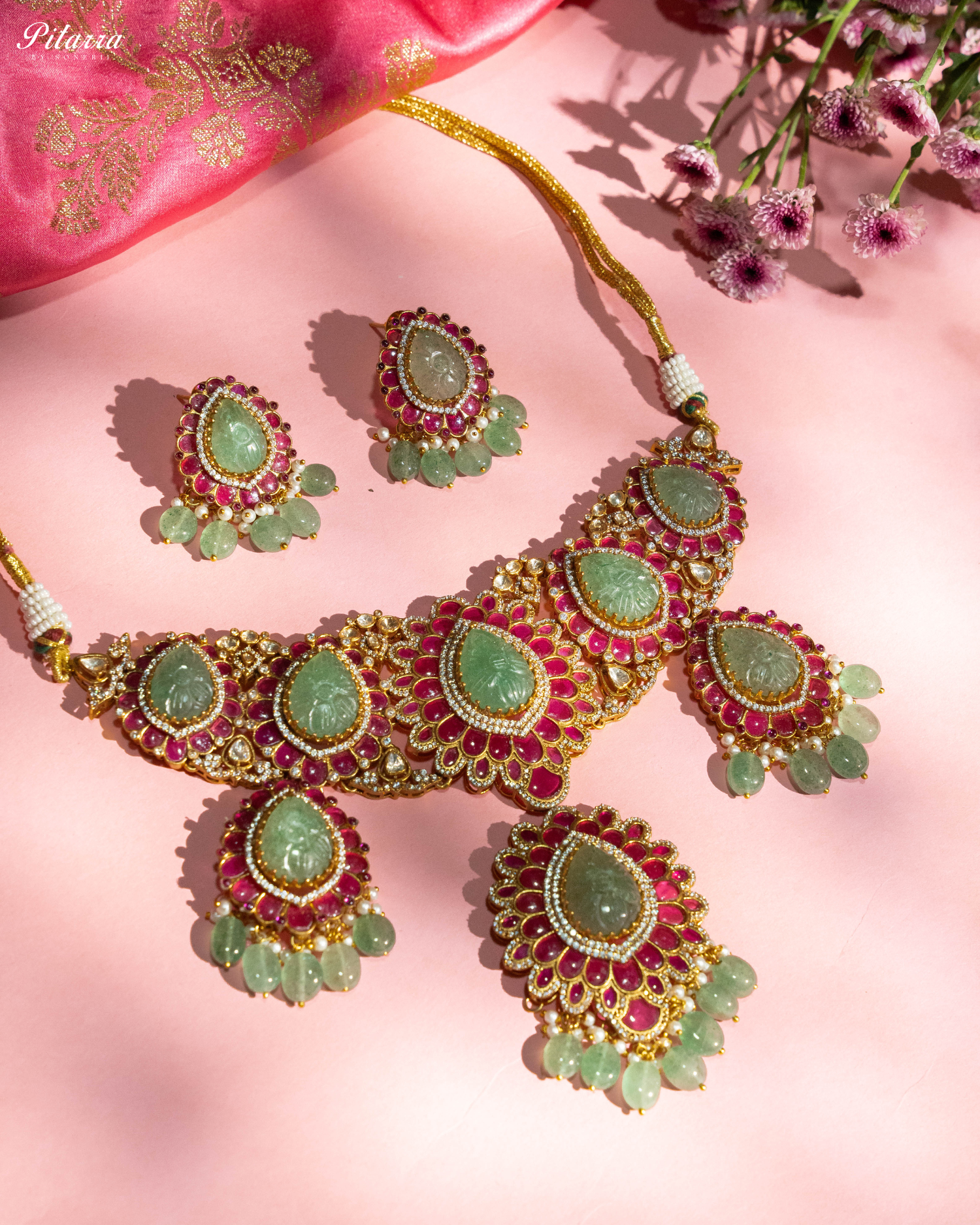Elegant Kundan Jadau Necklace Set with Emerald Beads