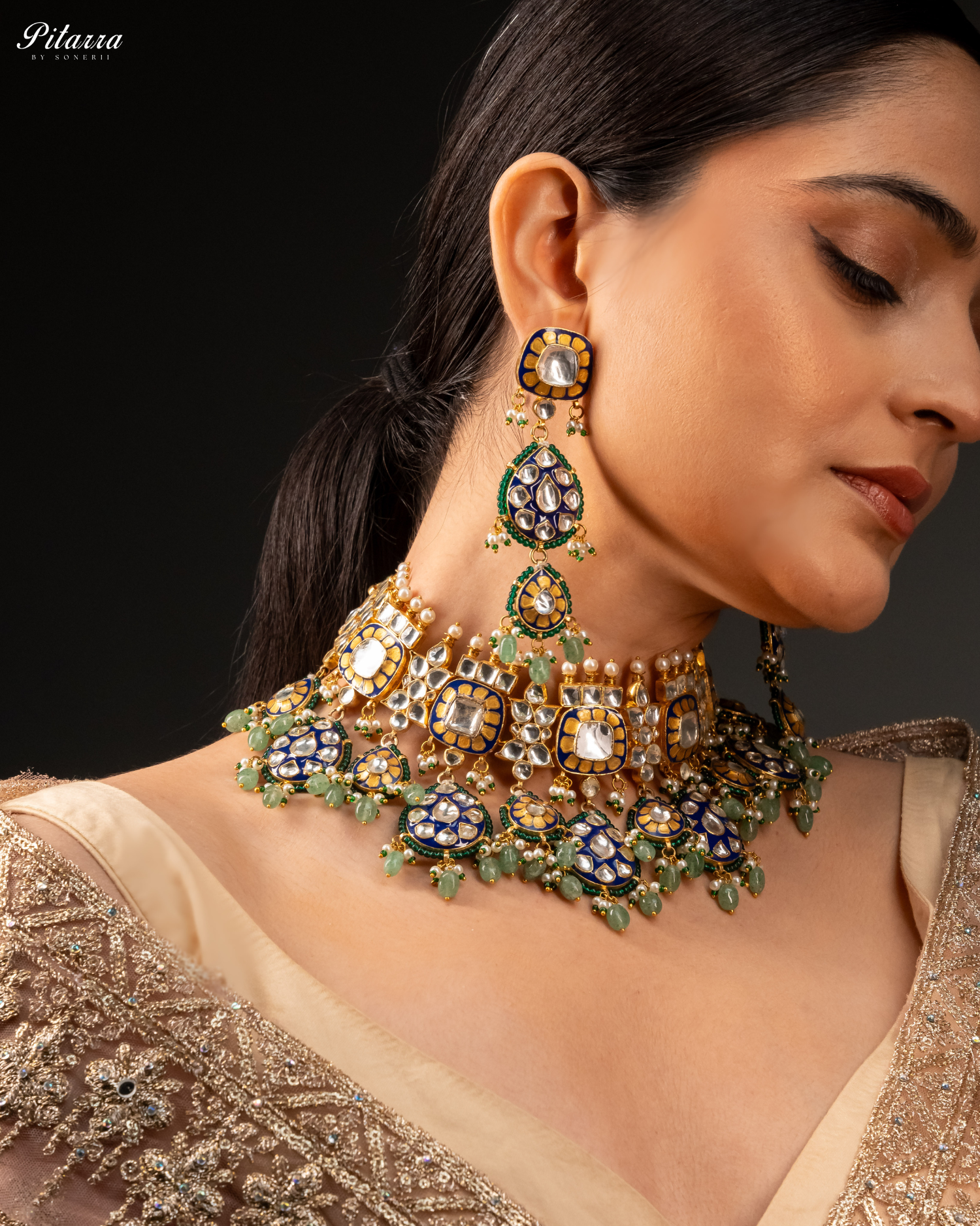 Elegant Gold Jadau Traditional Kundan Necklace Set Left Model Angle