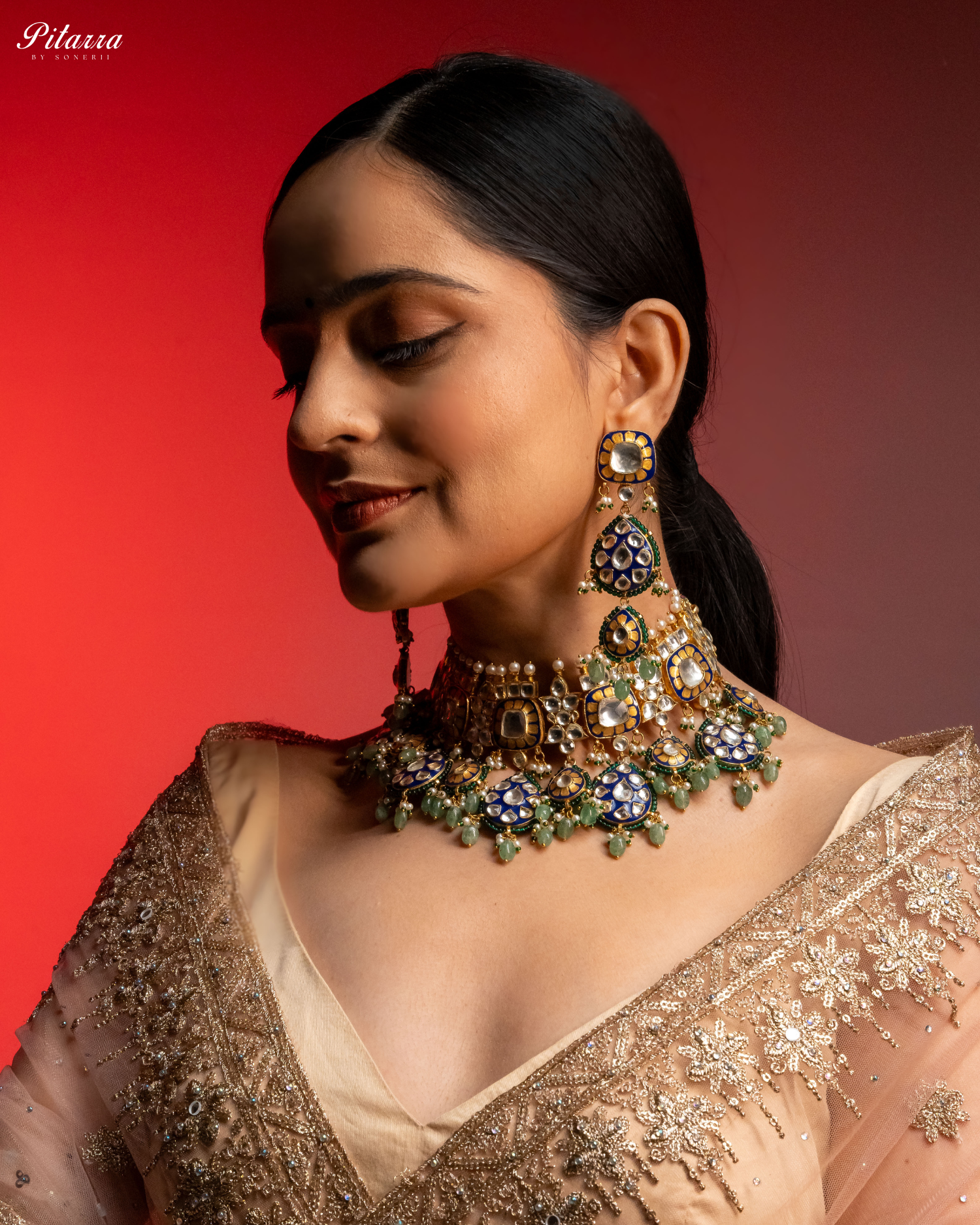 Elegant Gold Jadau Traditional Kundan Necklace Set Model Look Down