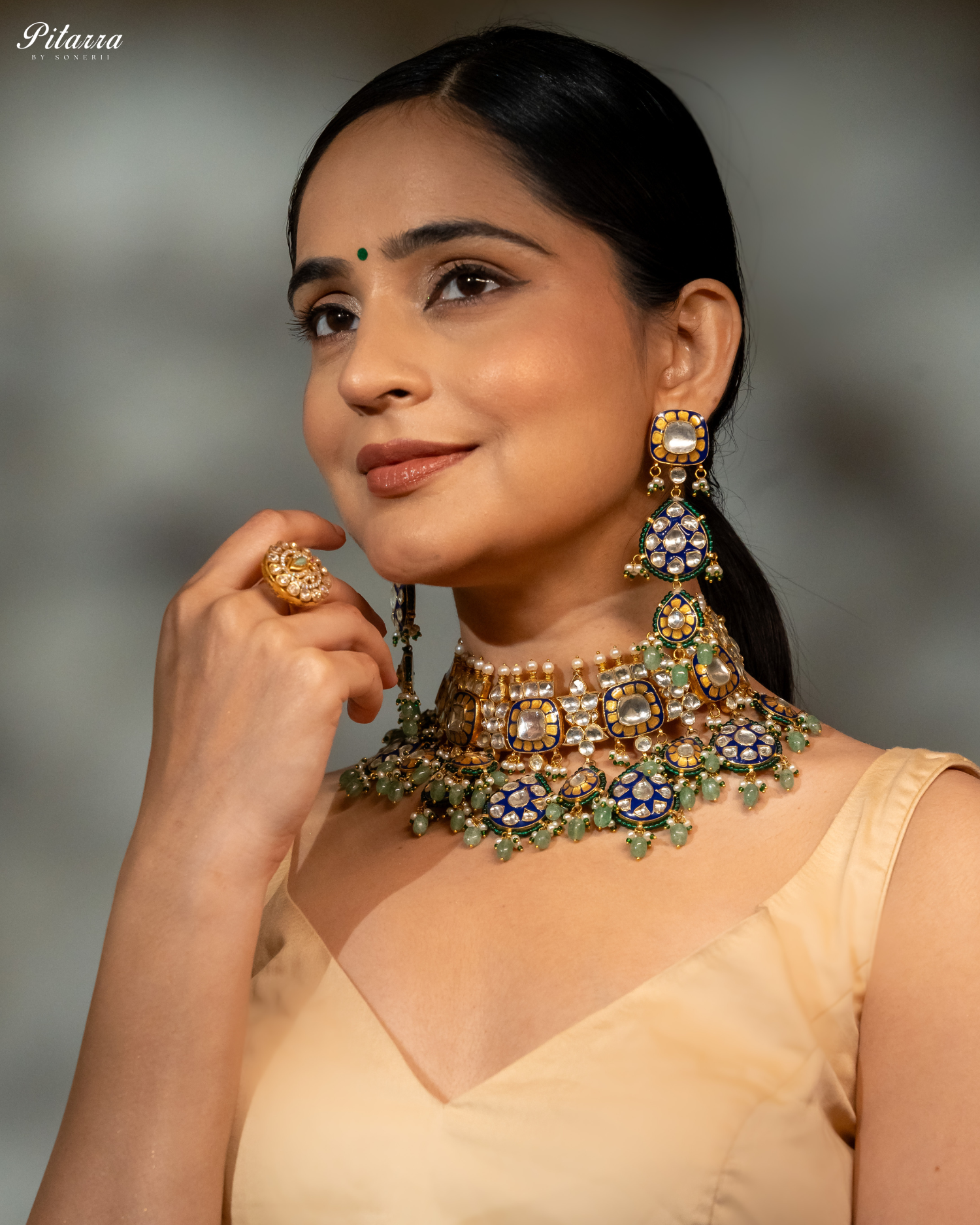 Elegant Gold Jadau Traditional Kundan Necklace Set Model Shoot