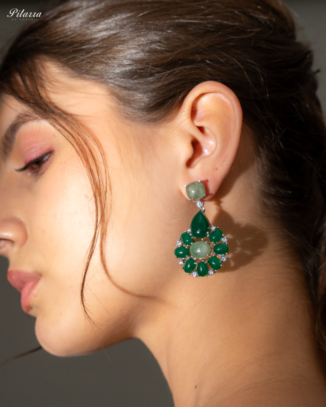 Floral Emerald CZ Earrings_Left Angle