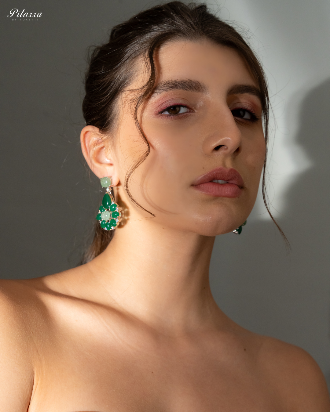 Floral Emerald CZ Earrings_Side Pose
