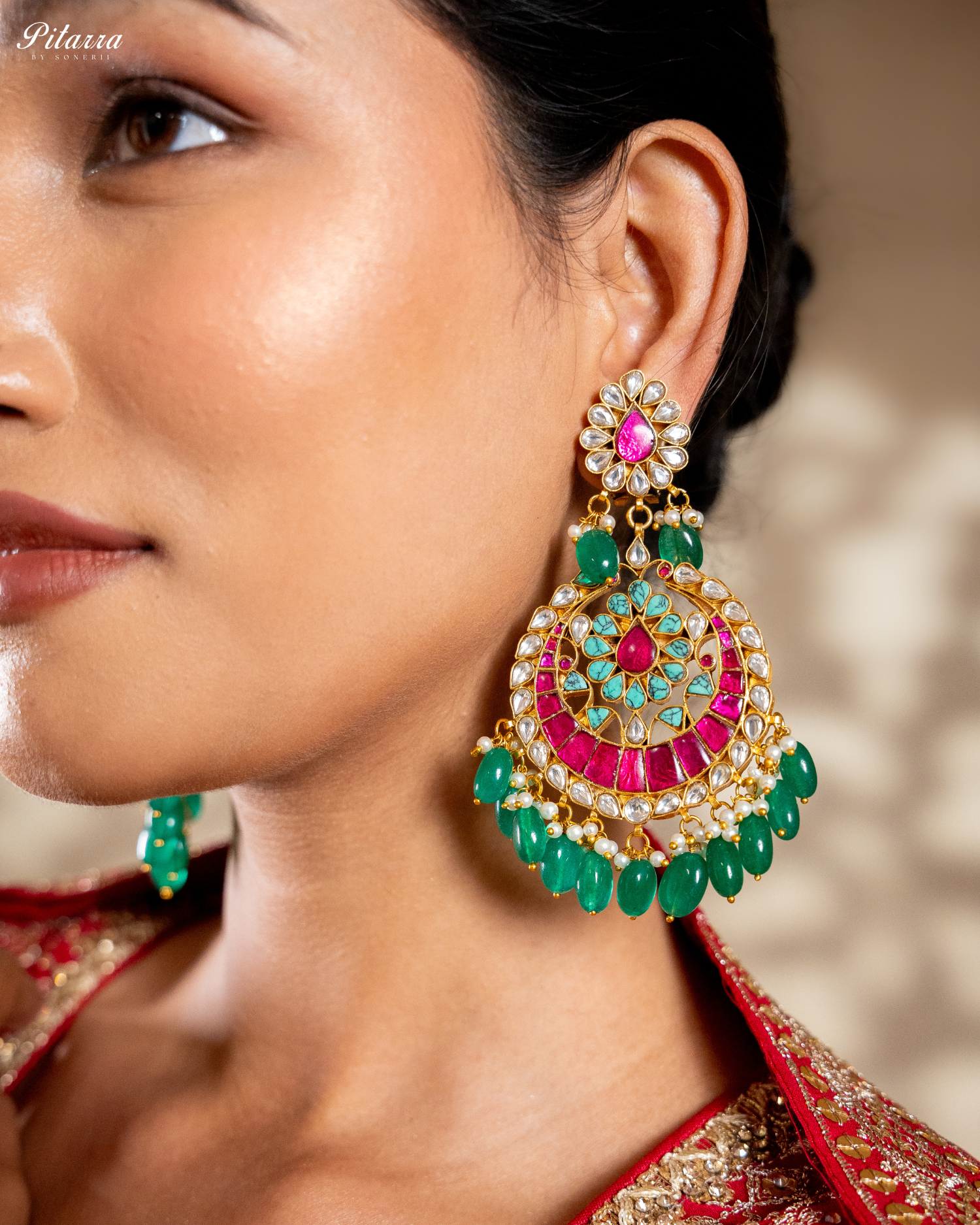 Gold Finish Polki Kundan Green Pearl Earrings