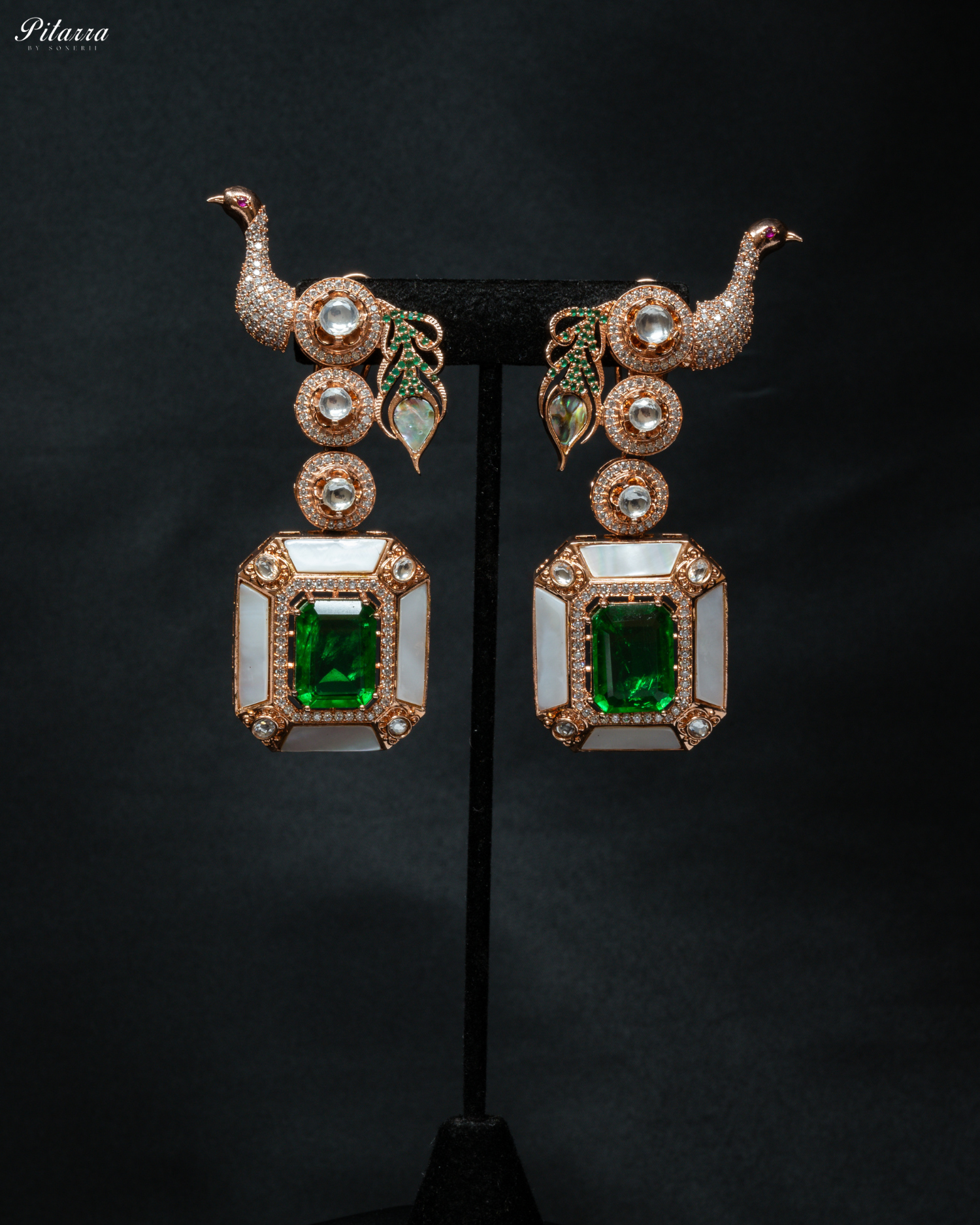 Two MOP Peacocks with Green Doublet Drop Necklace Set