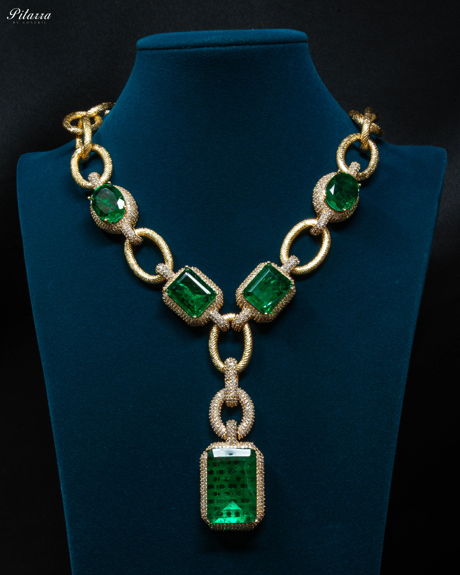 Gold Finish Emerald Stone Zircon Long Necklace Set -Front Image
