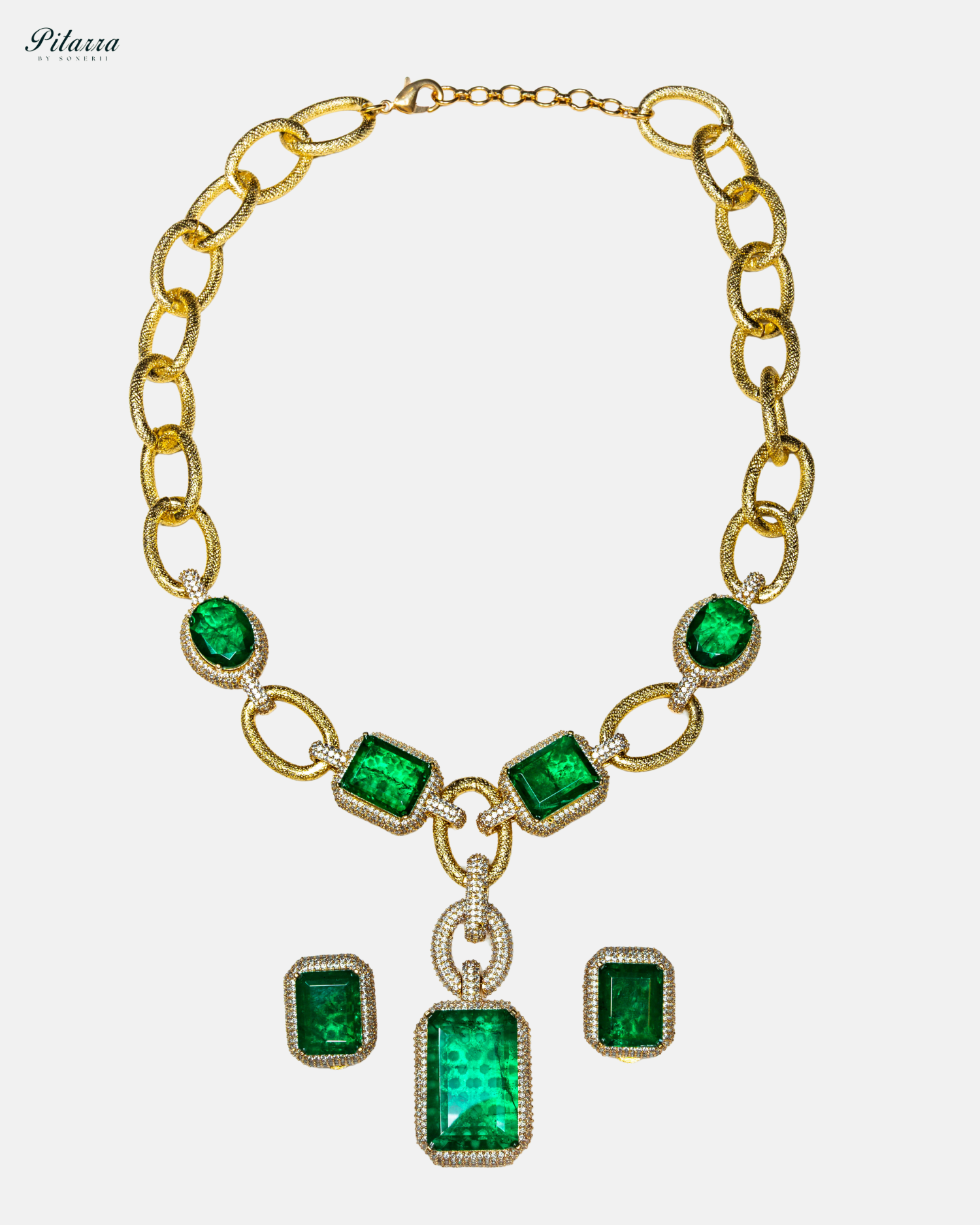 Gold Finish Emerald Stone Zircon Long Necklace Set - White Background