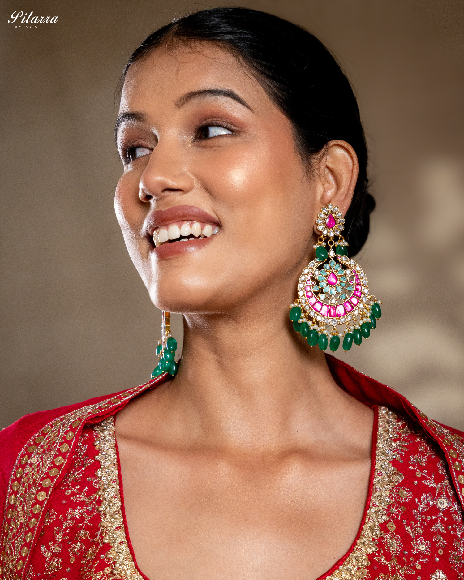 Gold Finish Polki Green Pearl Traditional Kundan Earrings